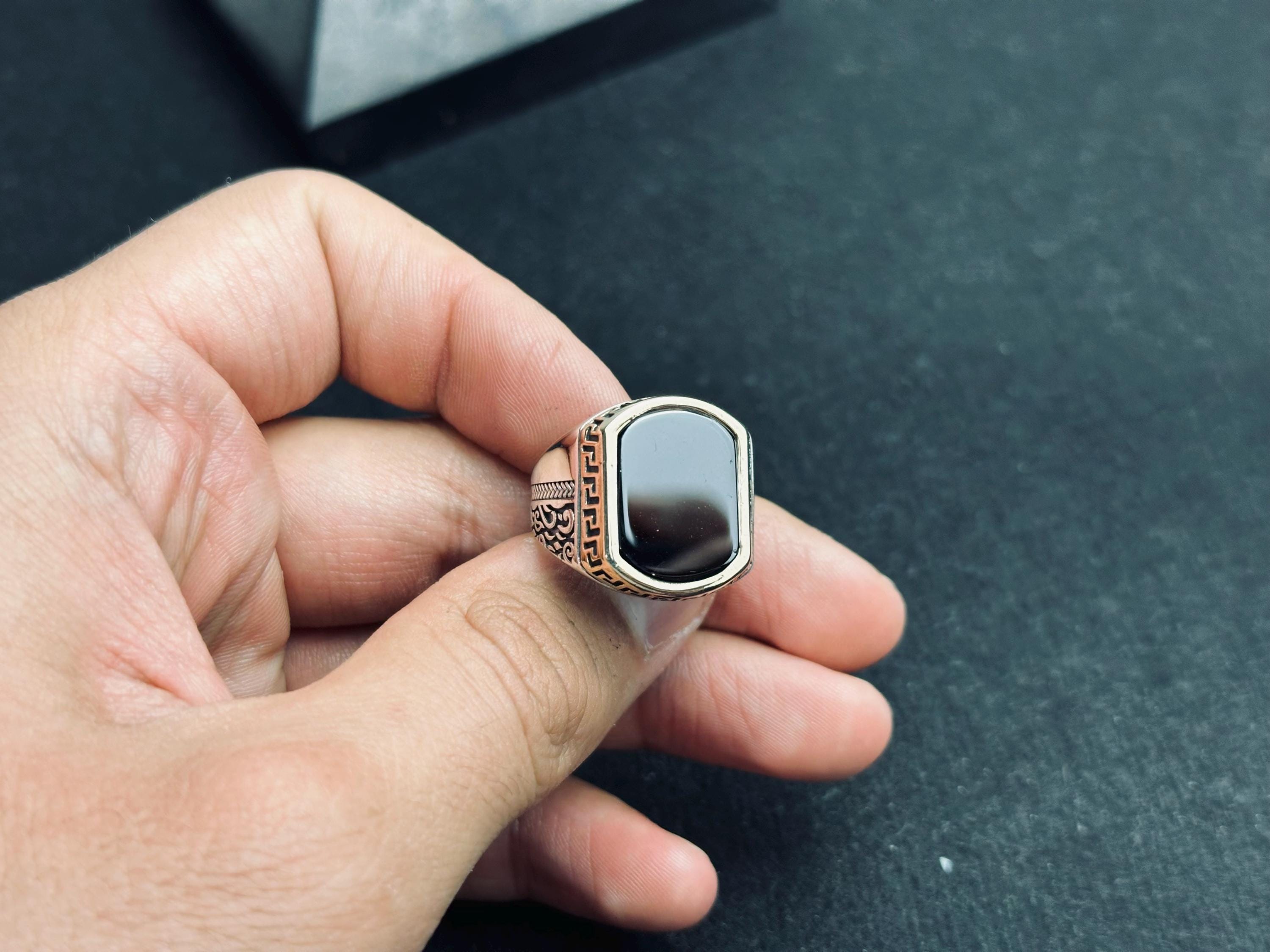 Ottoman Black Onyx Ring: Crescent Star, 925 Sterling Silver