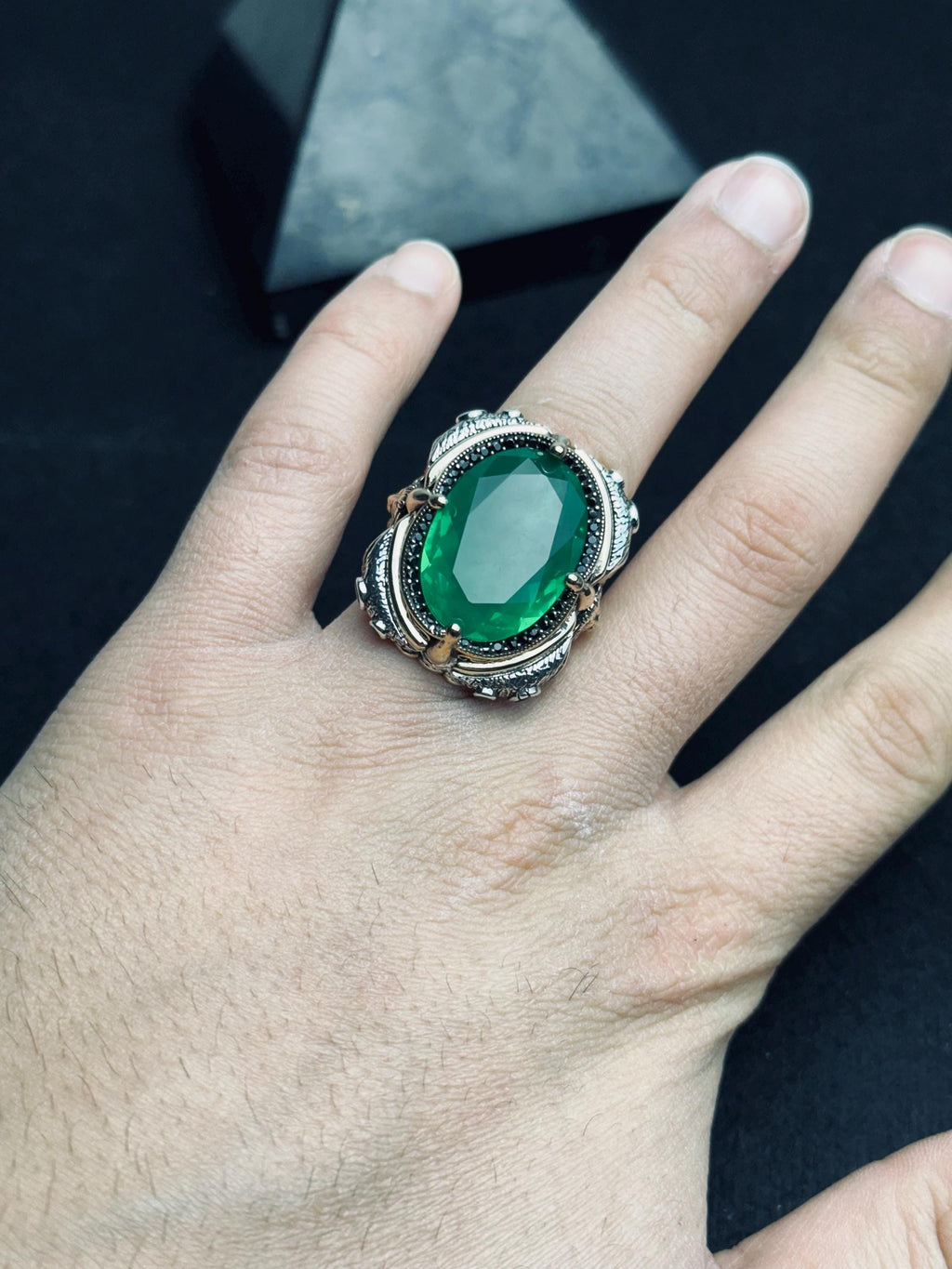 Green Tourmaline Men's Silver Ring - Large Lion Head Design