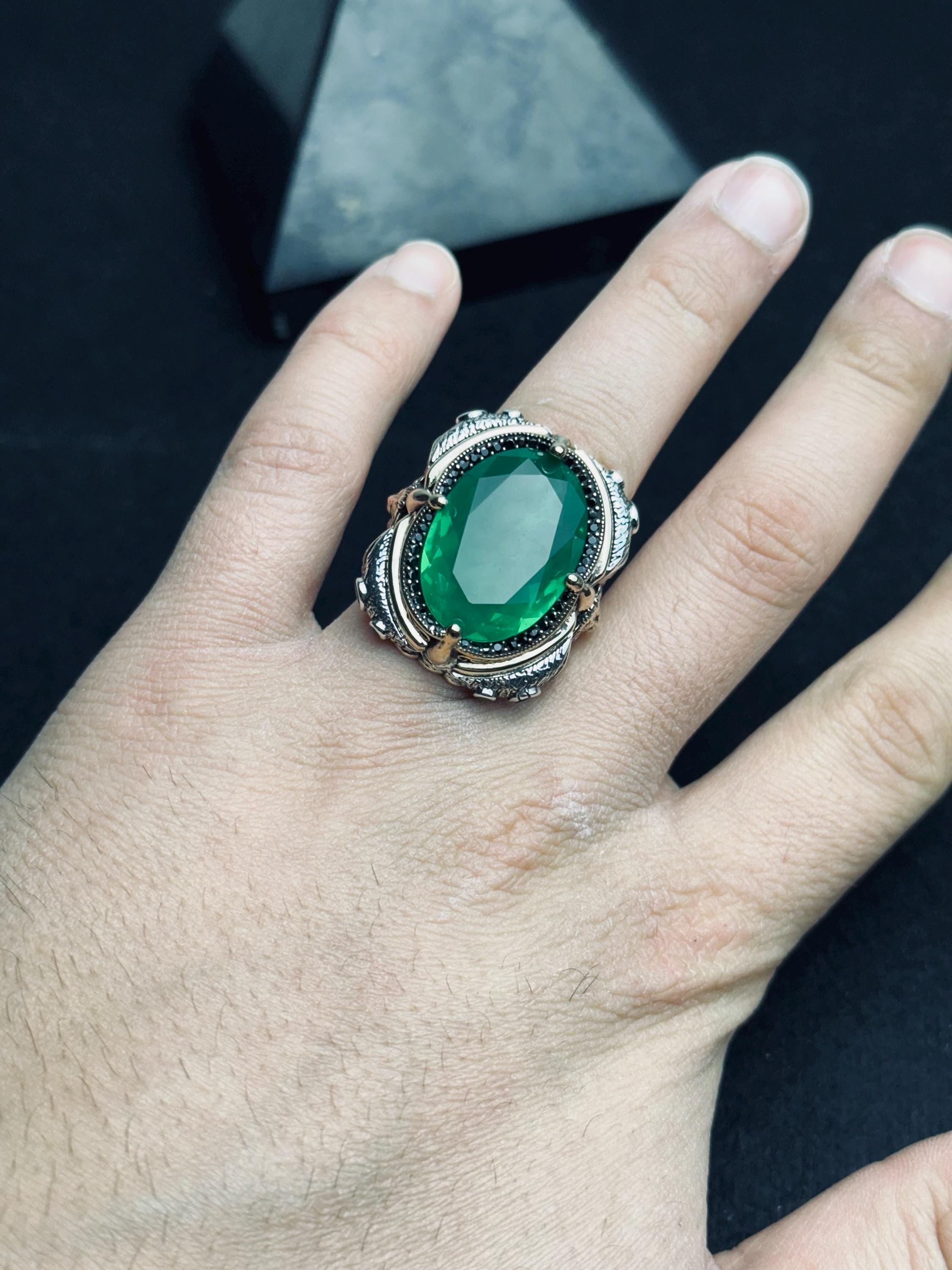 Green Tourmaline Men's Silver Ring - Large Lion Head Design