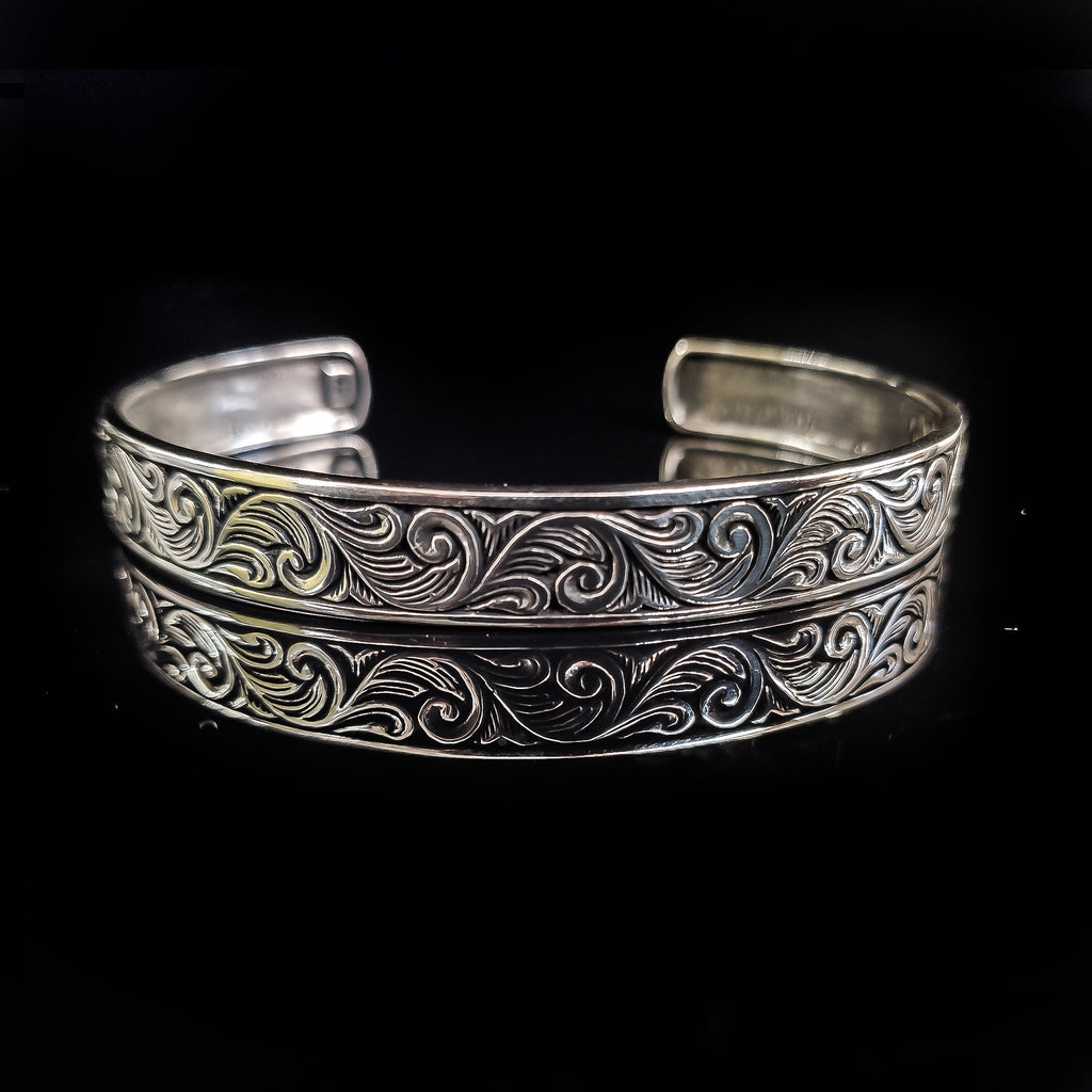Sterling Silver Cuff Bracelet: Handmade Engraved - Adjustable Fit