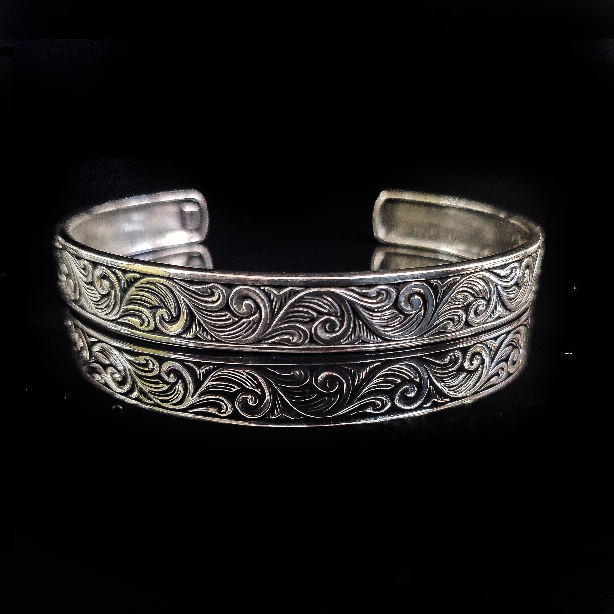 Sterling Silver Cuff Bracelet: Handmade Engraved - Adjustable Fit