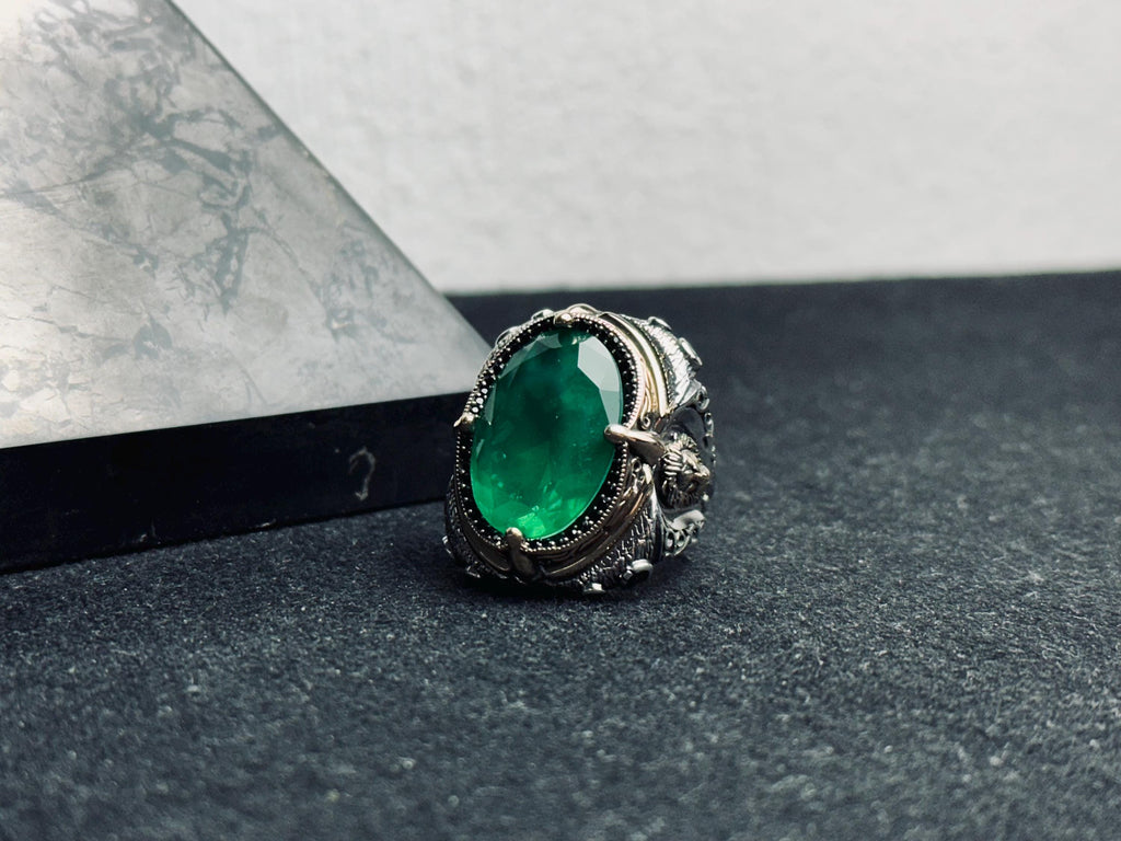 Green Tourmaline Men's Silver Ring - Large Lion Head Design
