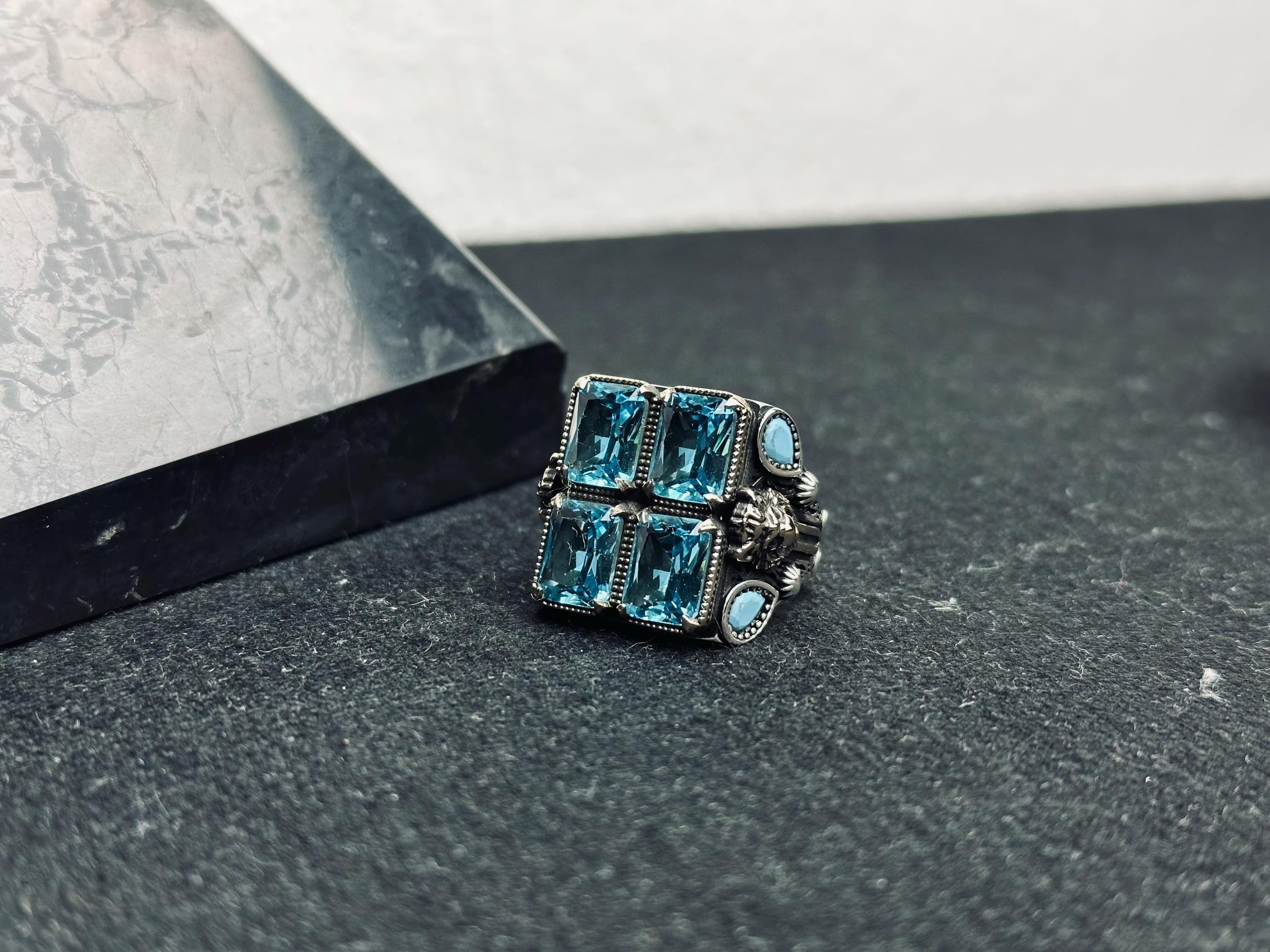 Square Aquamarine Ring: Men's Sterling Silver Statement (Handmade)