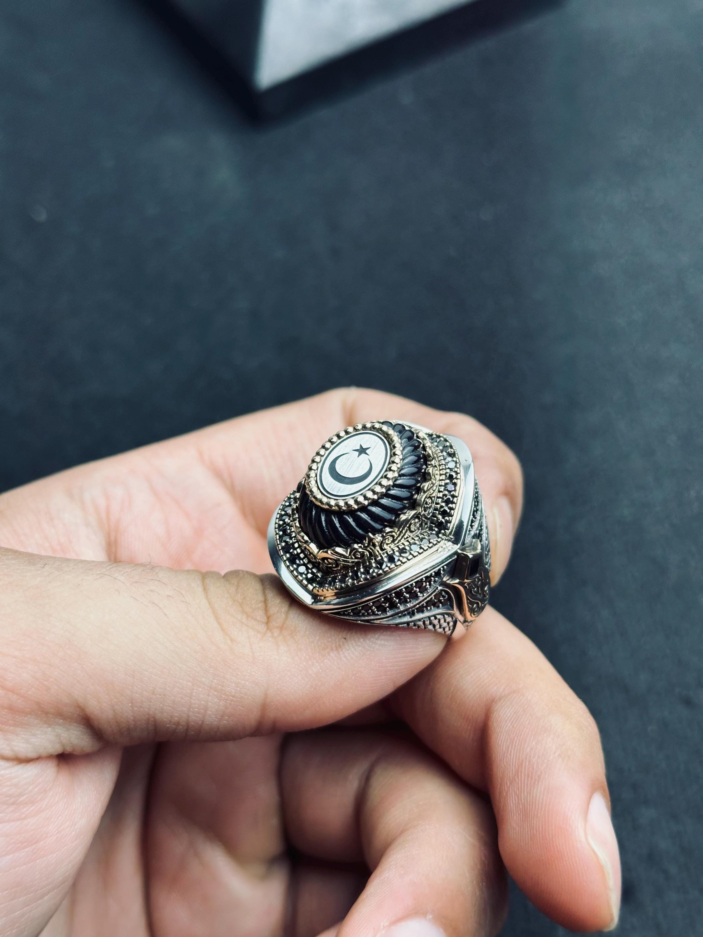Men's Sterling Silver Ring: Turkish Moon Star - Handmade Oval Band