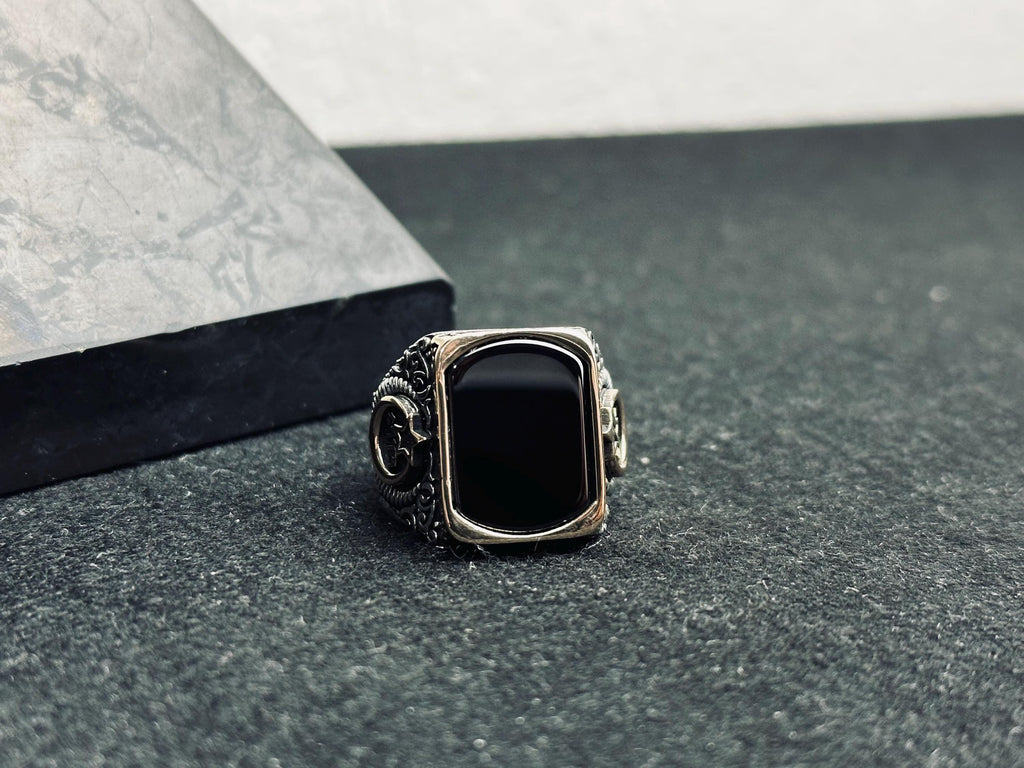 Men's Onyx Ring: Square Ottoman Design - Sterling Silver