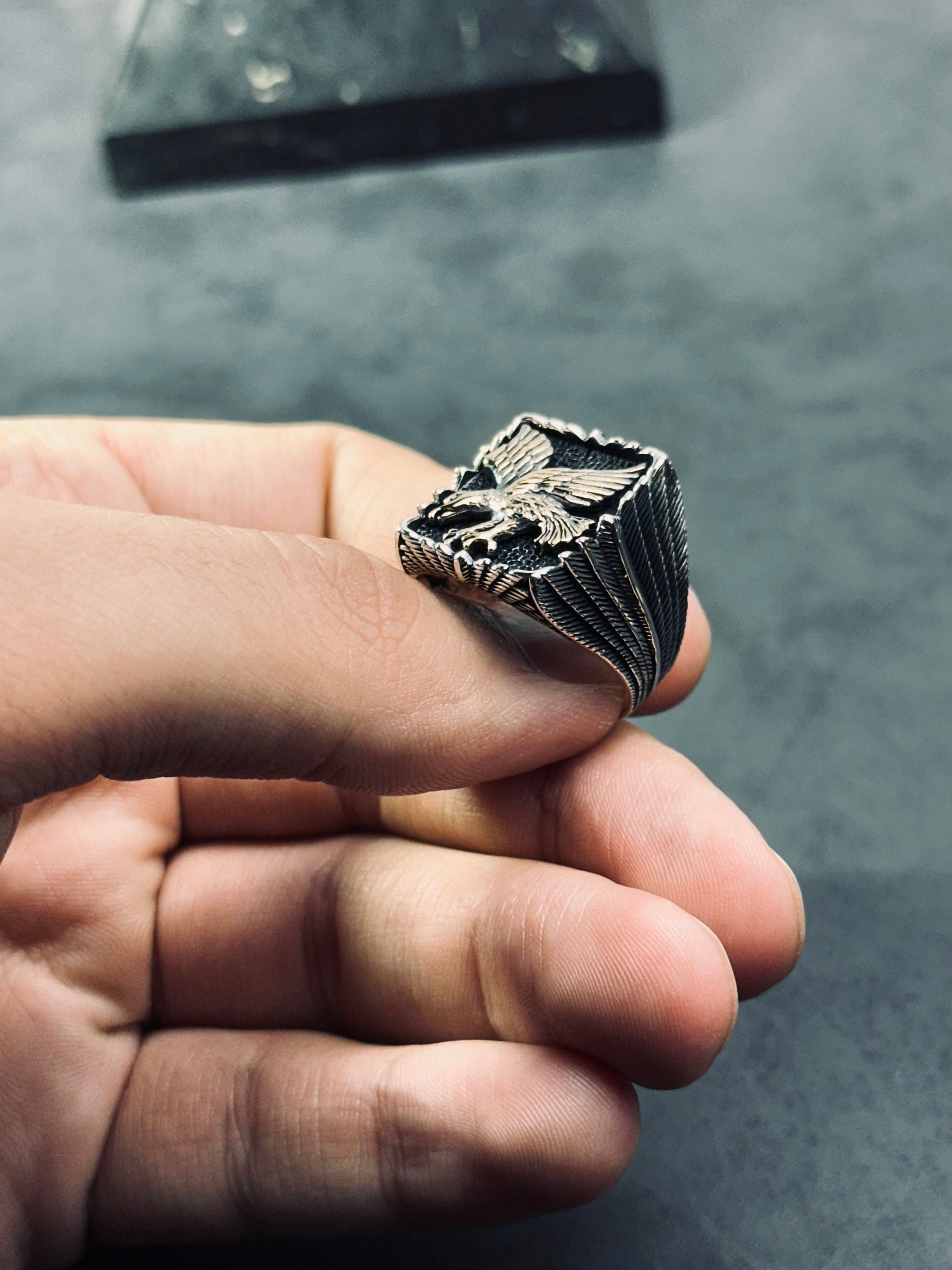 Thunderbird Ring: Oxidized Sterling Silver Eagle Band (Handmade)