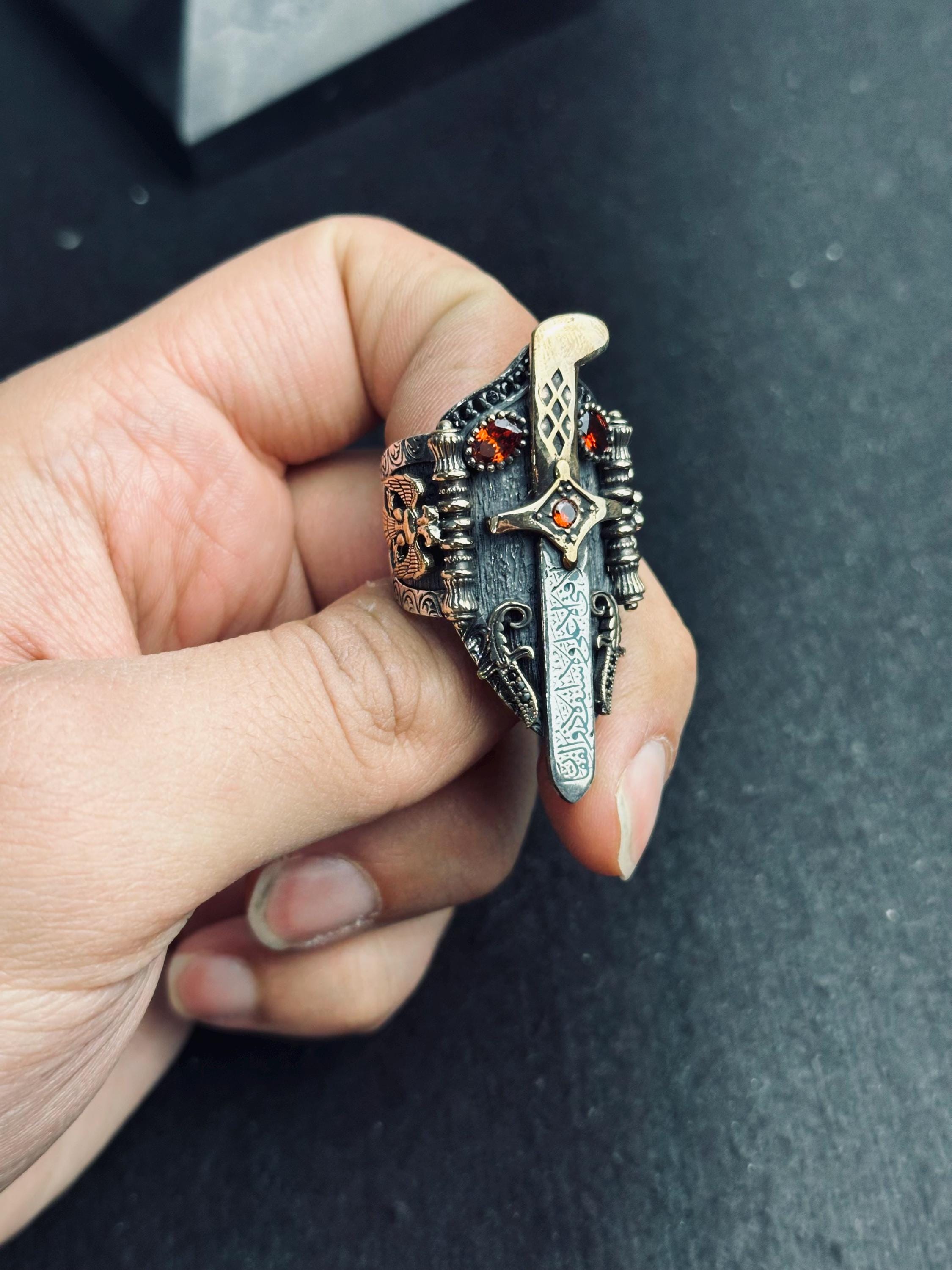 Sterling Silver Gothic Dagger Ring, Red Stone Sword Ring, Medieval Fantasy Jewelry, Dark Aesthetic Statement Ring, Unique Gift
