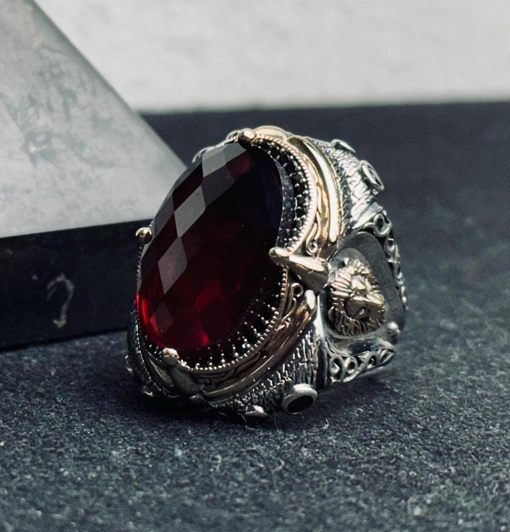 Lion Head Statement Ring: Sterling Silver with Red Gemstone