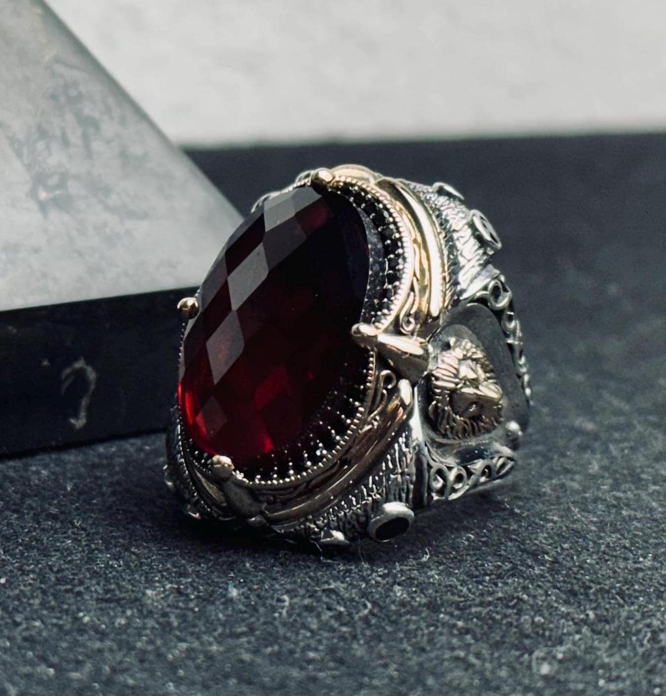 Lion Head Statement Ring: Sterling Silver with Red Gemstone
