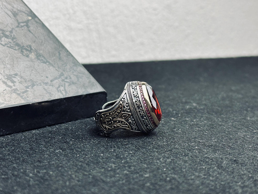Sterling Silver Ruby Ring: Vintage Men's Signet (Handmade, Deep Red)