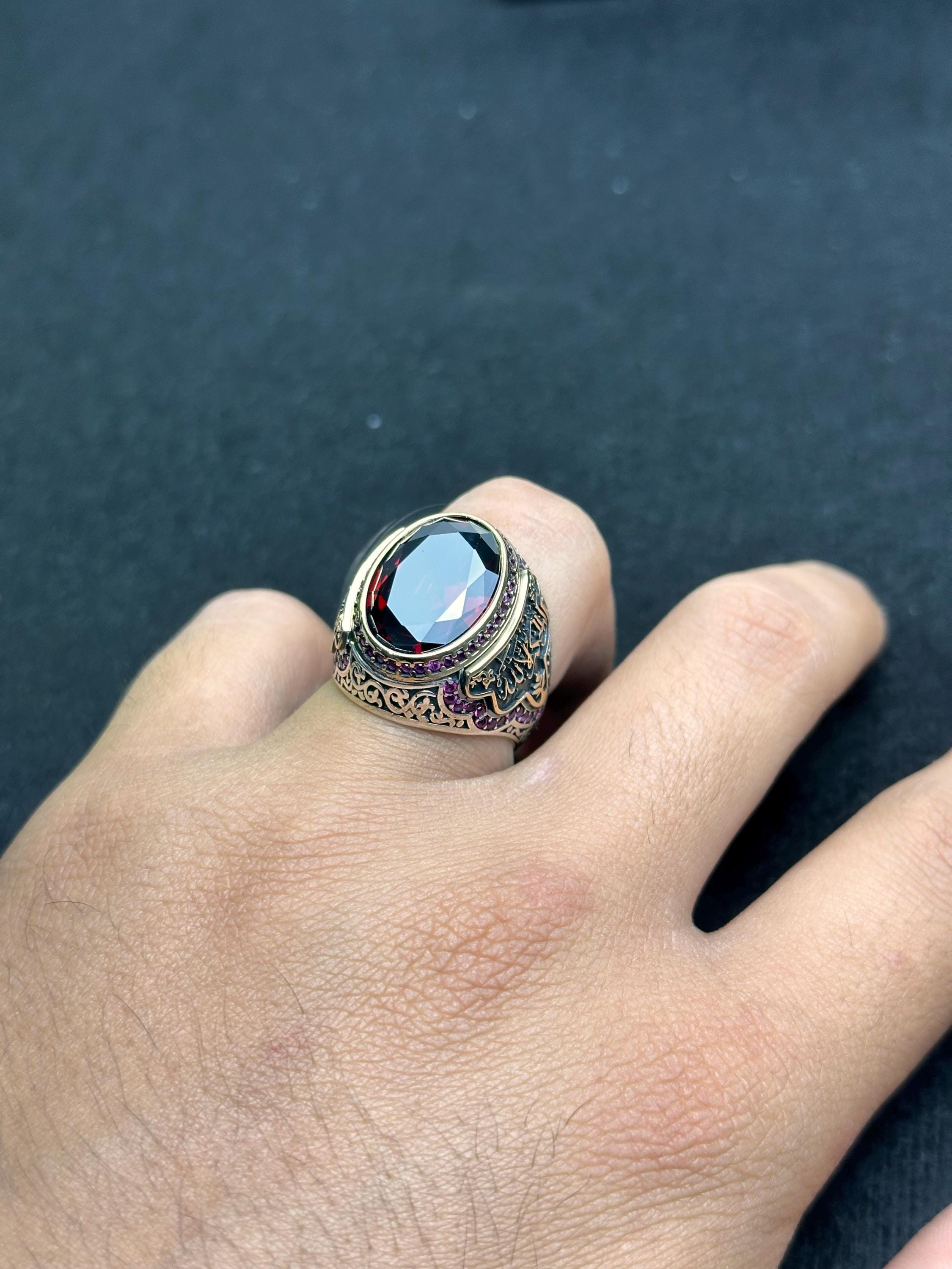 Vintage Sterling Silver Signet Ring, Red Zircon, Arabic Calligraphy (Men's)