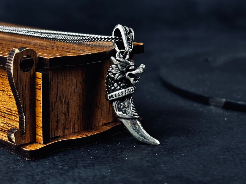 Silver Dragon Necklace: Chinese Dragontooth Pendant