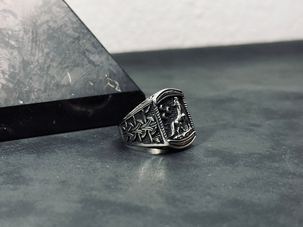 Wolf and Moon Ring: Sterling Silver Handmade - Celestial Detail