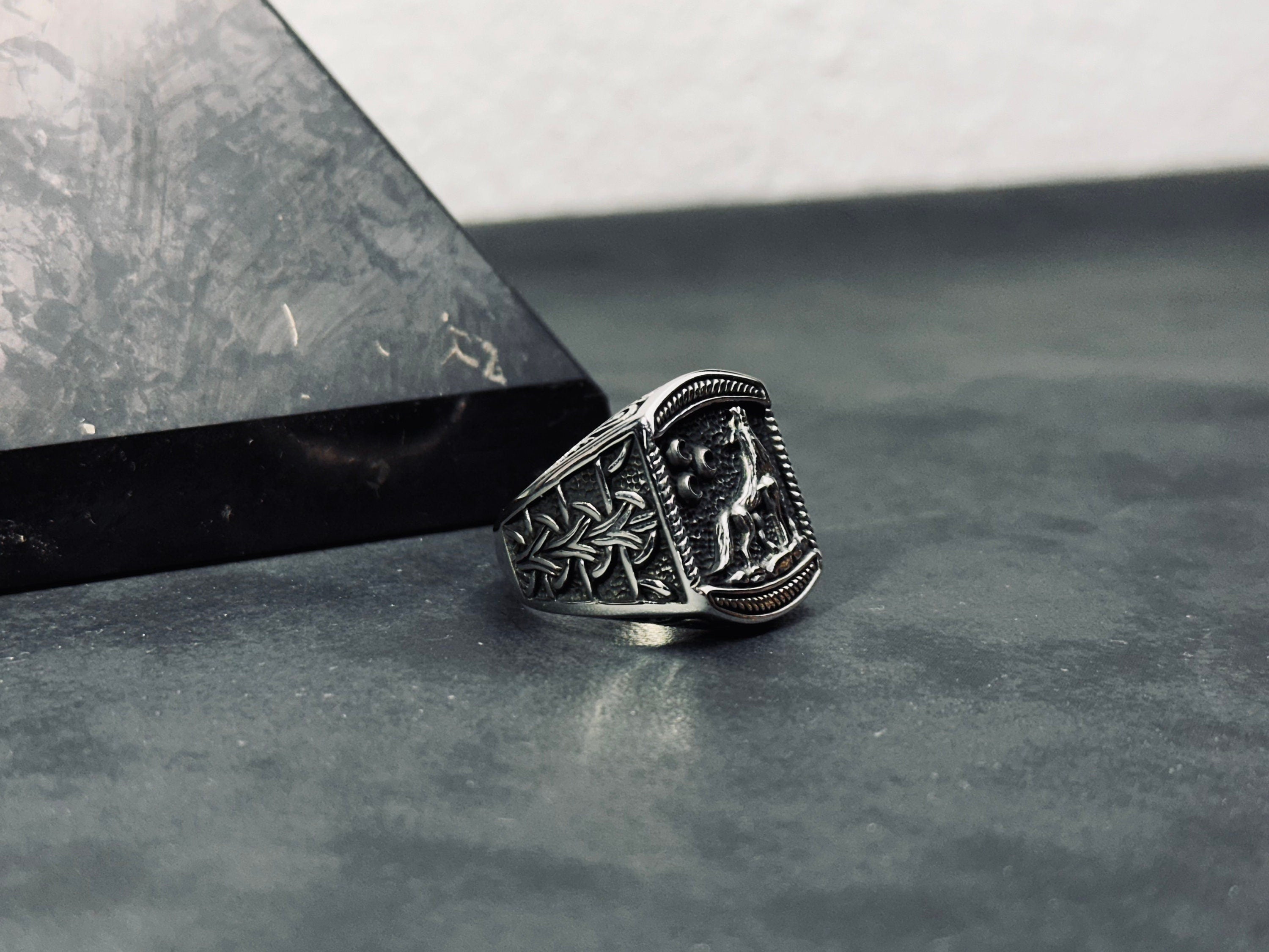 Wolf and Moon Ring: Sterling Silver Handmade - Celestial Detail