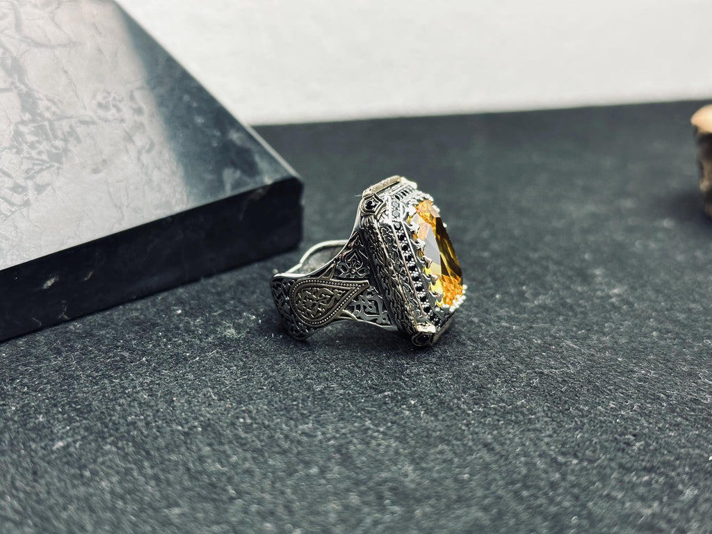 Square Citrine Men’s Ring - Handmade Sterling Silver Bold Gem