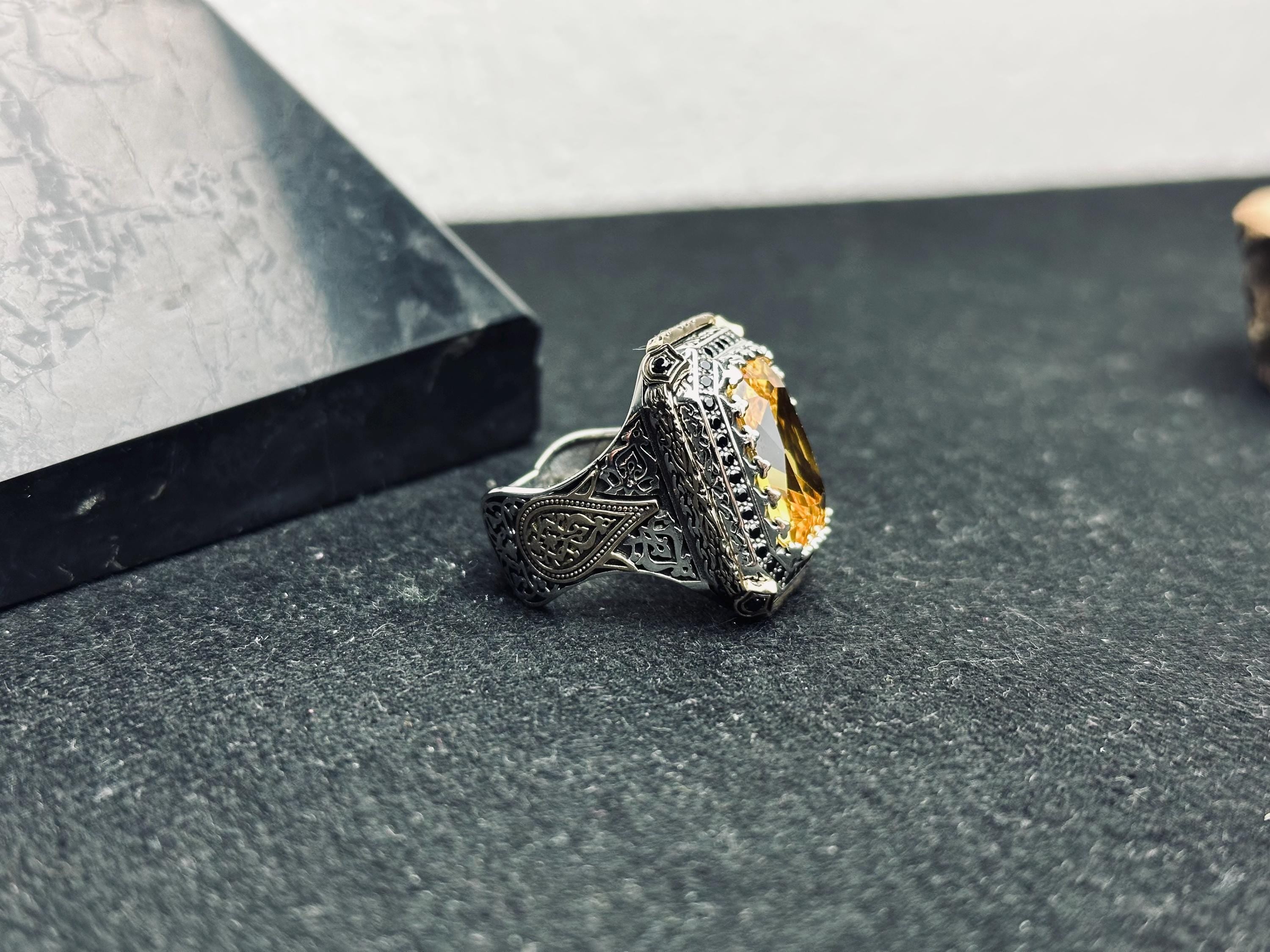 Square Citrine Men’s Ring - Handmade Sterling Silver Bold Gem
