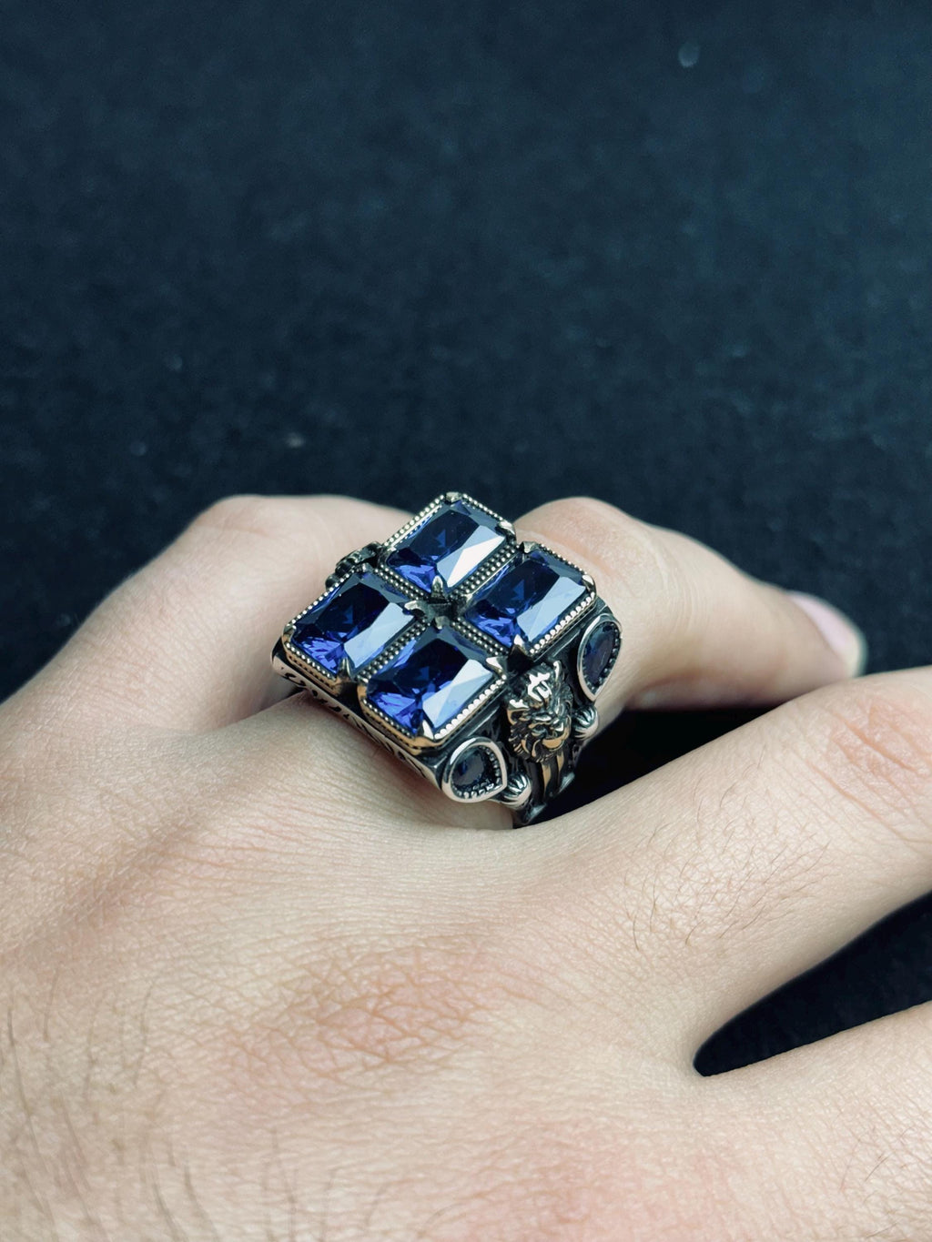 Men’s Statement Ring: Blue Zircon Stones - Handmade Sterling Silver