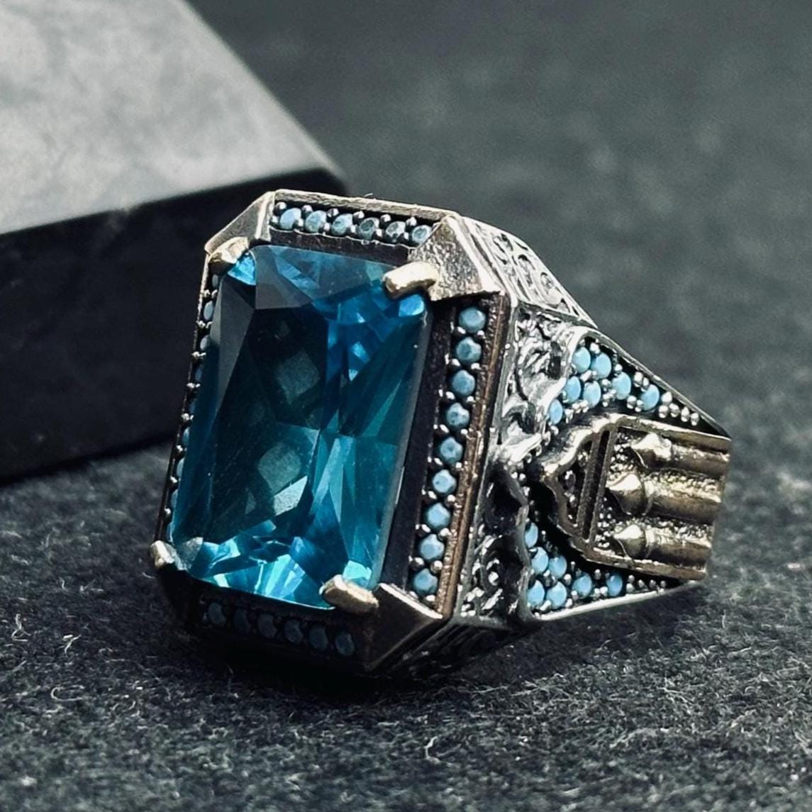 Aquamarine Ring: Men's Sterling Silver Square Cut (Handmade Turkish)