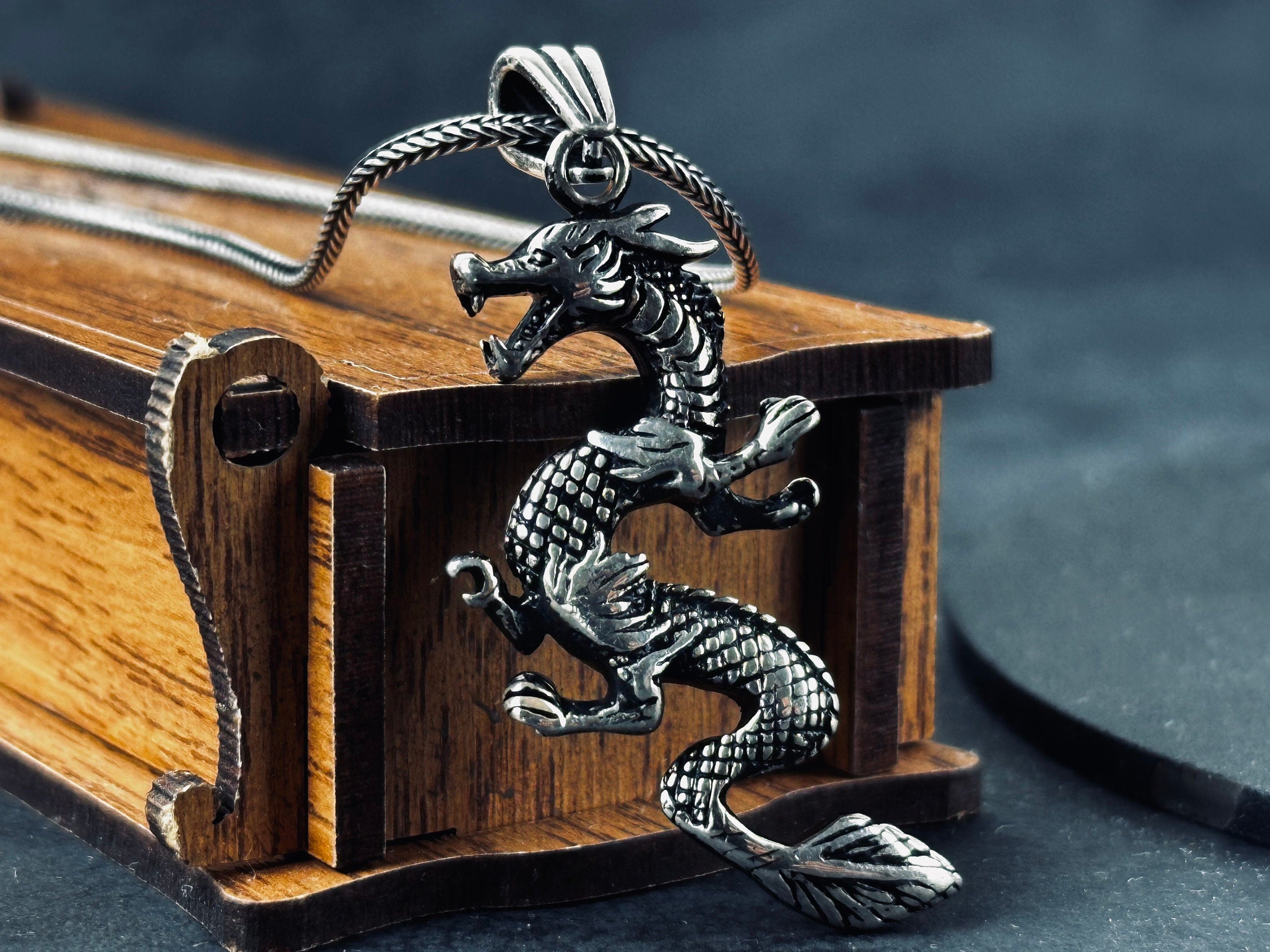 Fantasy Silver Necklace Dragon Charm (Handmade Pendant on Chain)