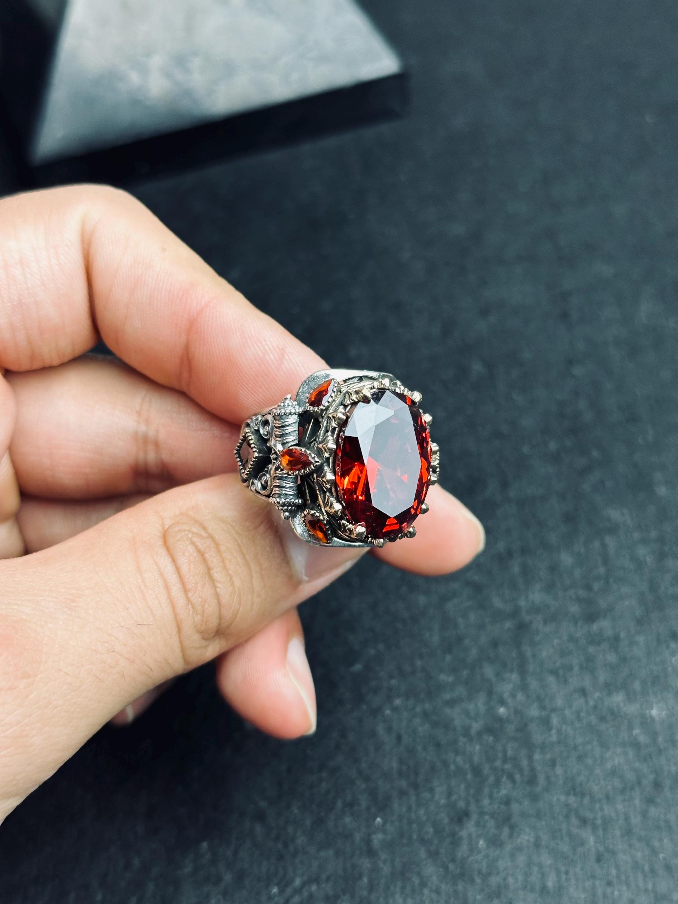 Ruby Signet Ring: Sterling Silver Artisan Design - Zircon Detail