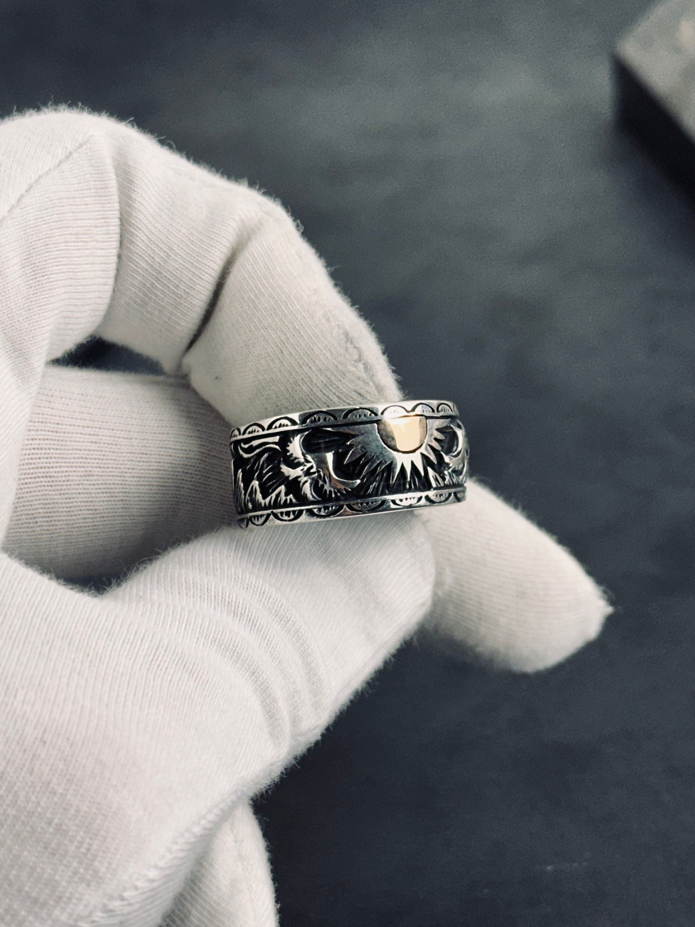 Celestial Sterling Silver Sun Signet Ring (Dainty Sunrise Band)