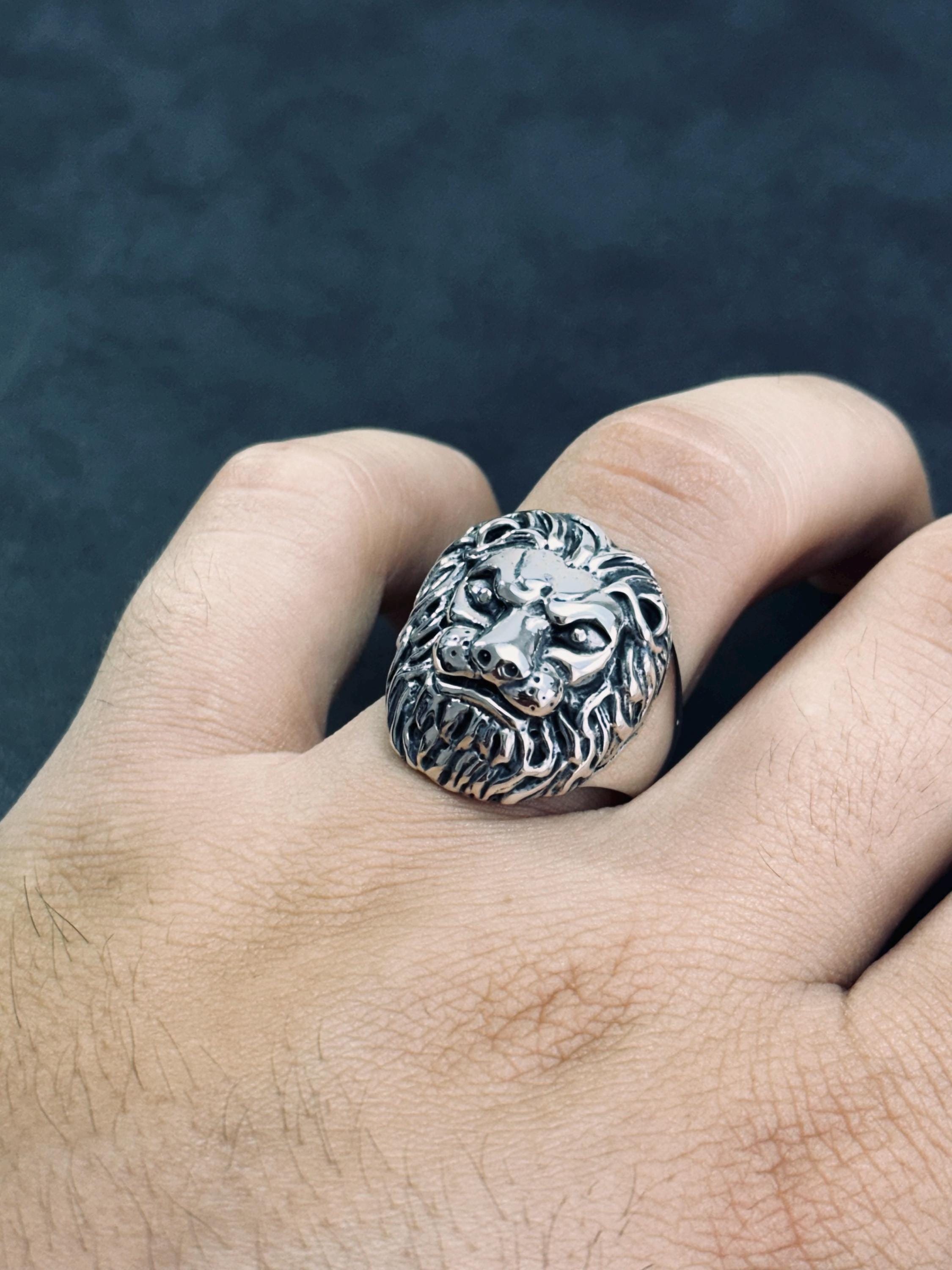 Sterling Silver Lion Head Ring, Handmade Animal Jewelry (Men's Size)
