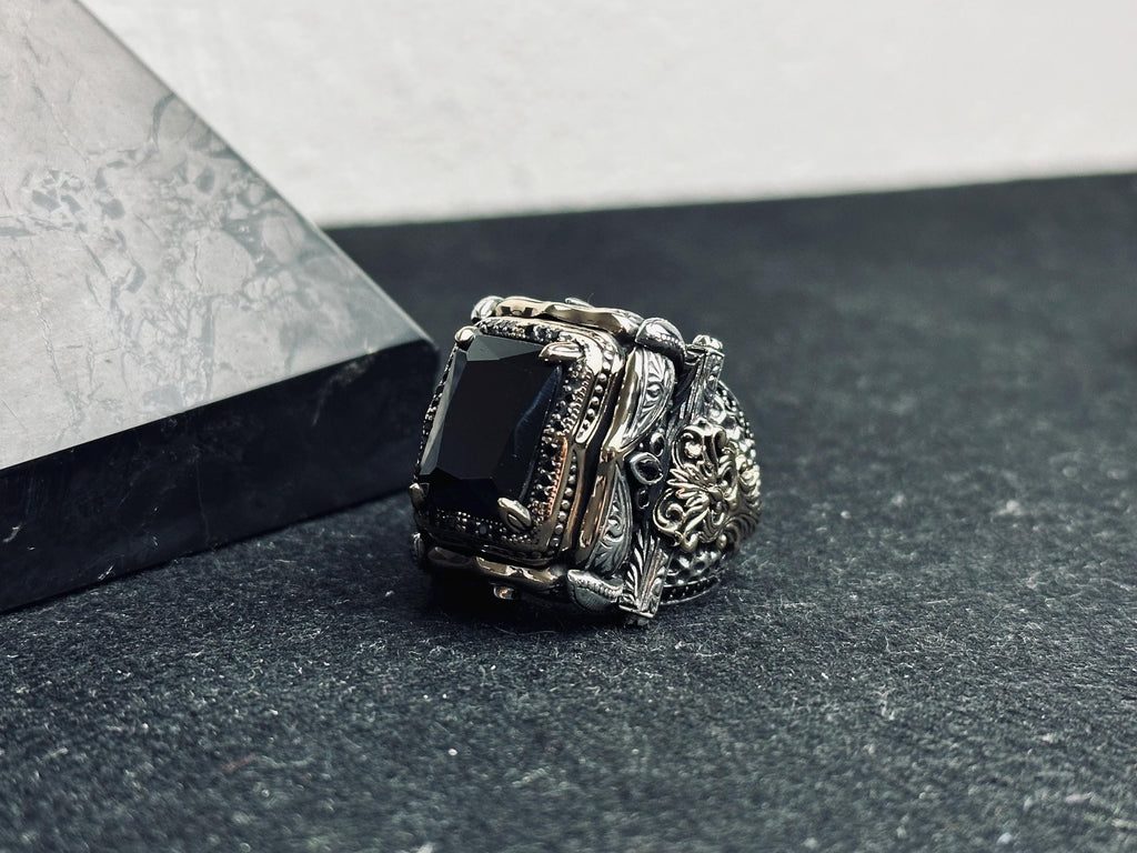 Black Zircon King Ring, 925 Sterling Silver Gothic Statement Jewelry