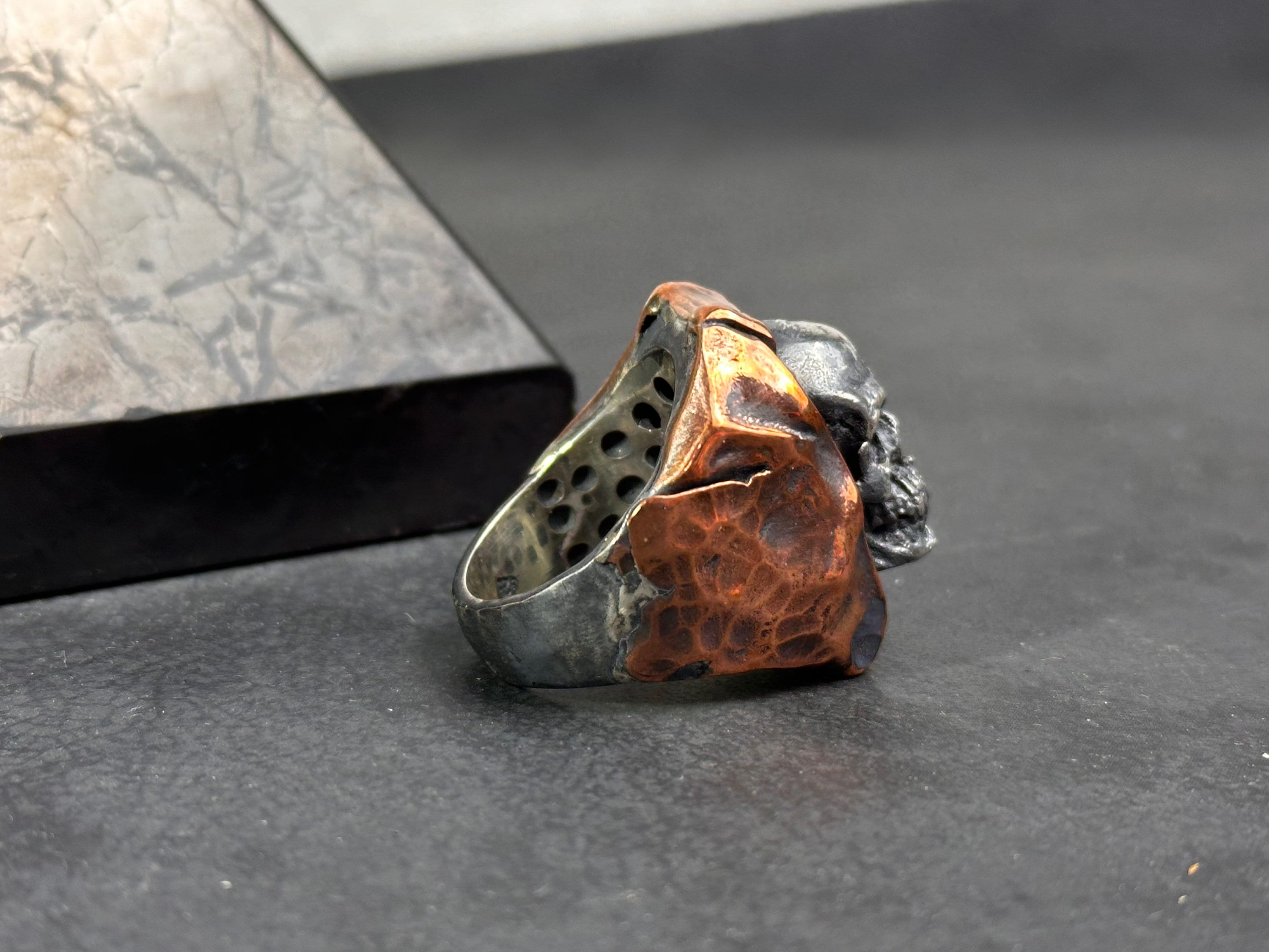 Handmade Skull Ring: Oxidized Sterling Silver (Medieval Biker Style)