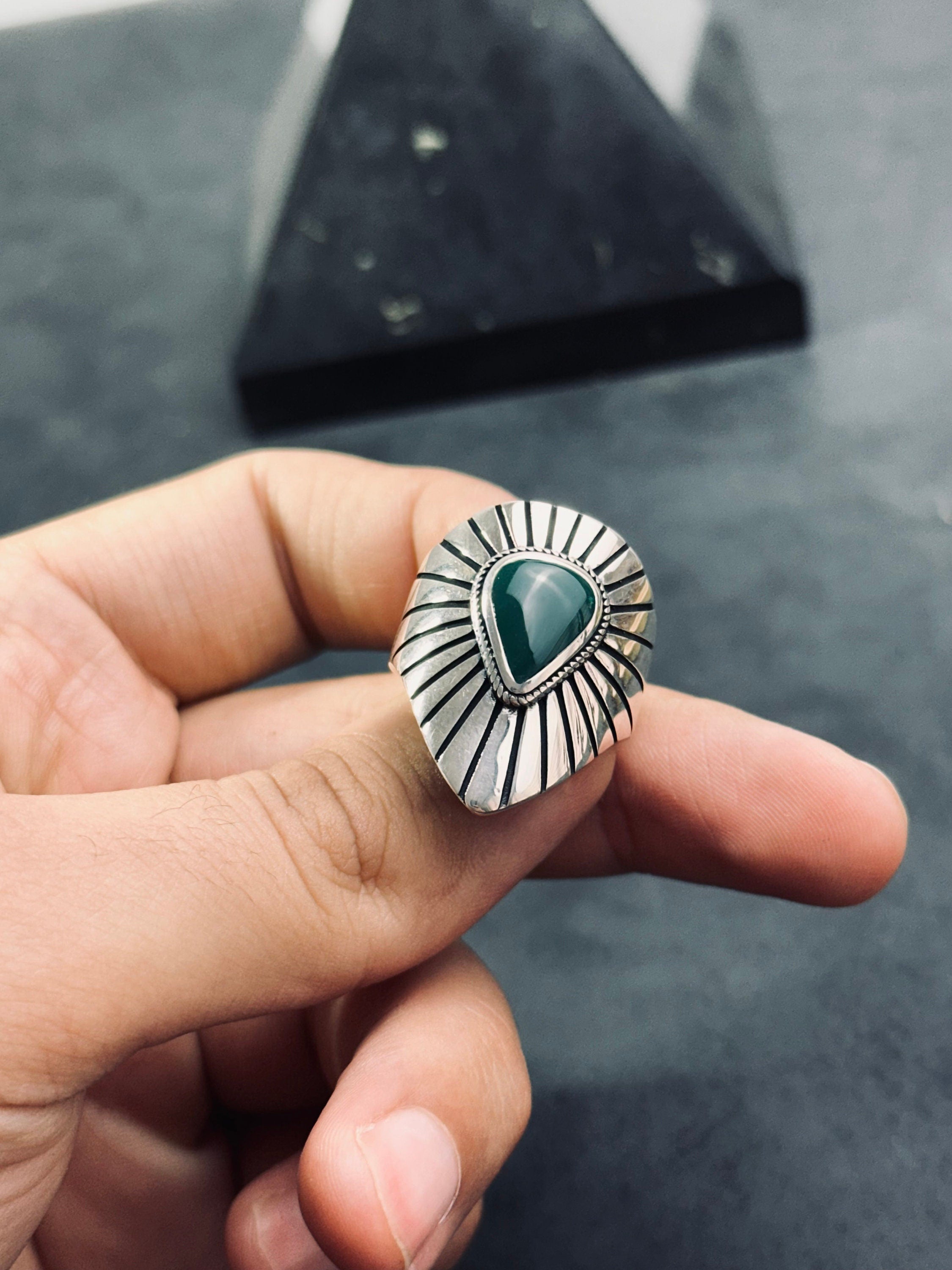 Men's Sterling Silver Ring, Green Agate Stone (Bold Signet Style)