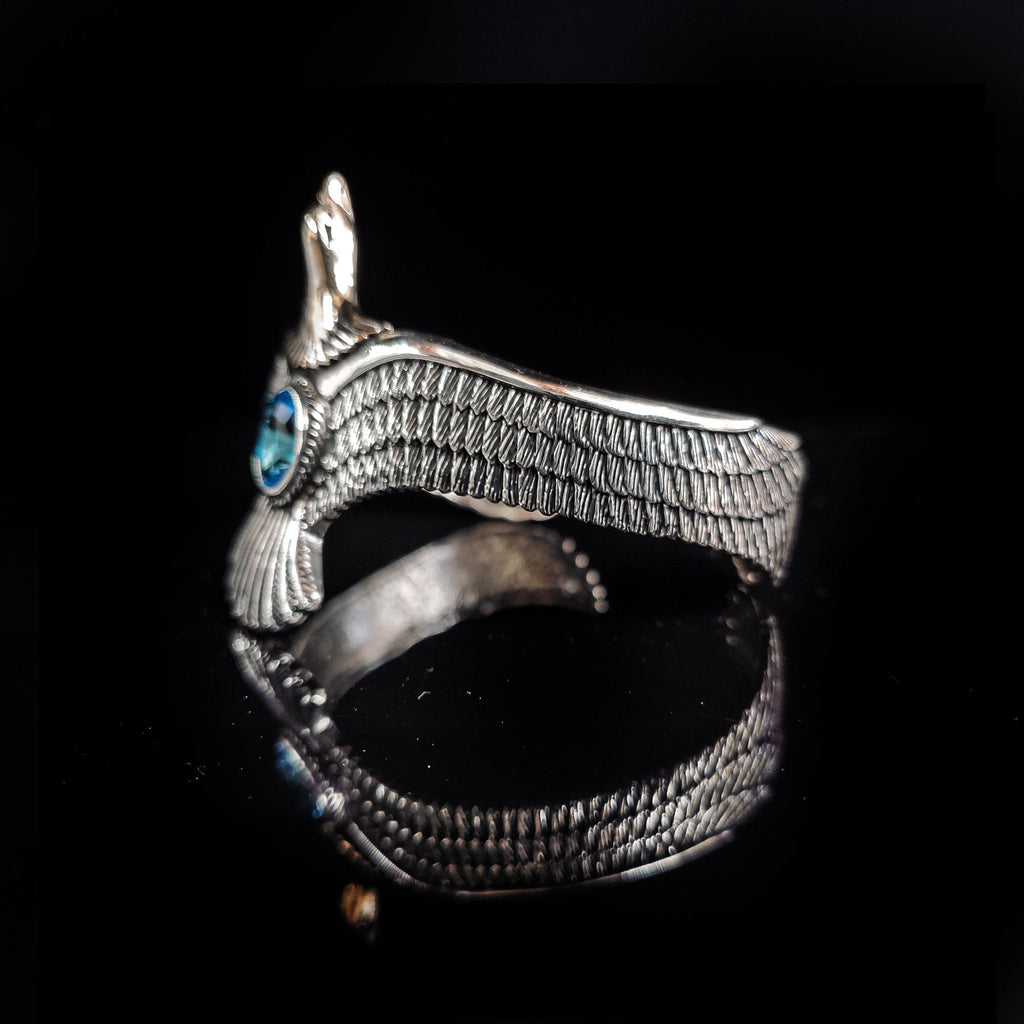 Silver Eagle Bracelet: Handmade Cuff with Aquamarine (Men's Jewelry)