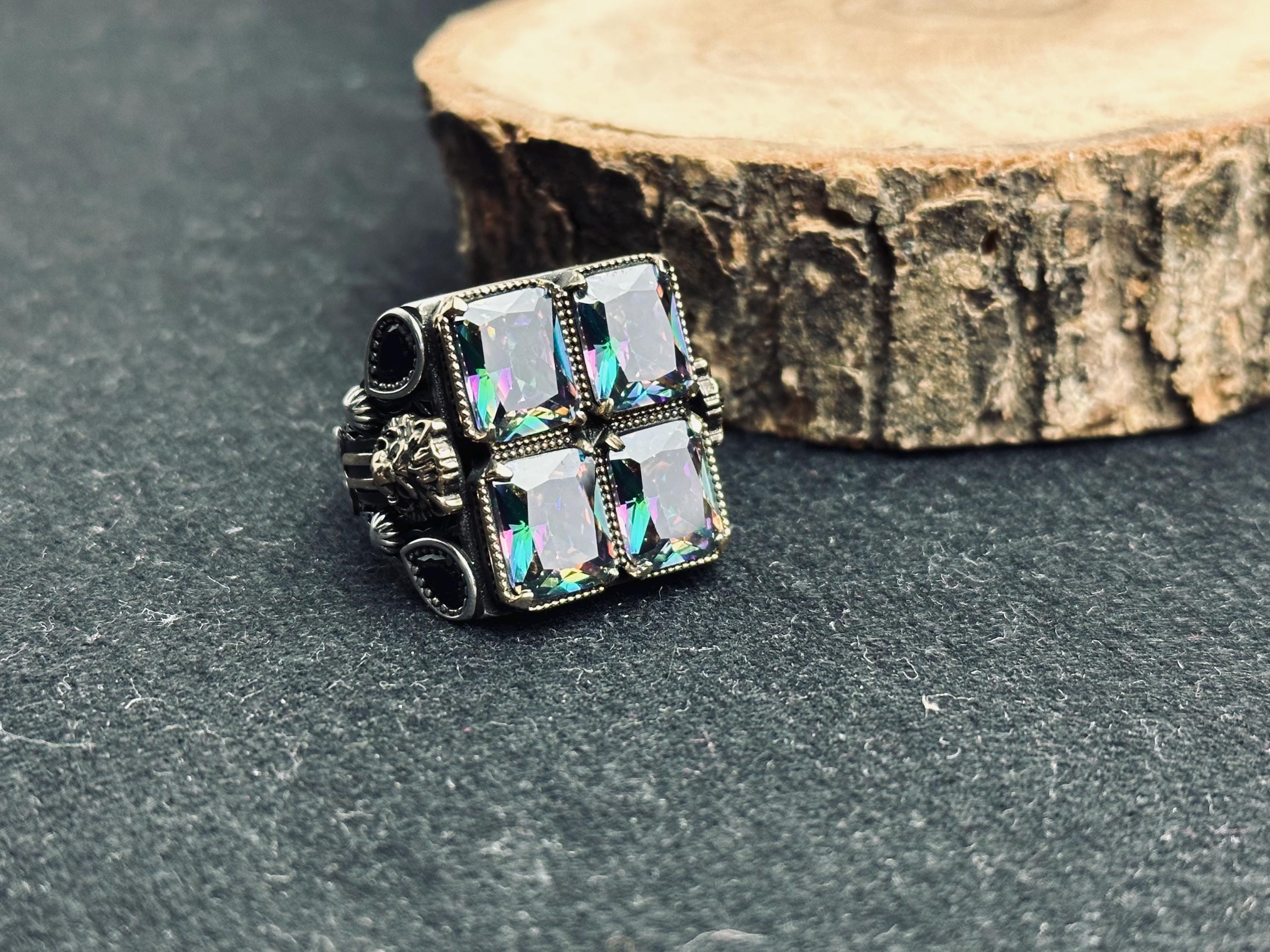 Men’s Lion Ring, Sterling Silver, Mystic Topaz Stones (Bold Statement)