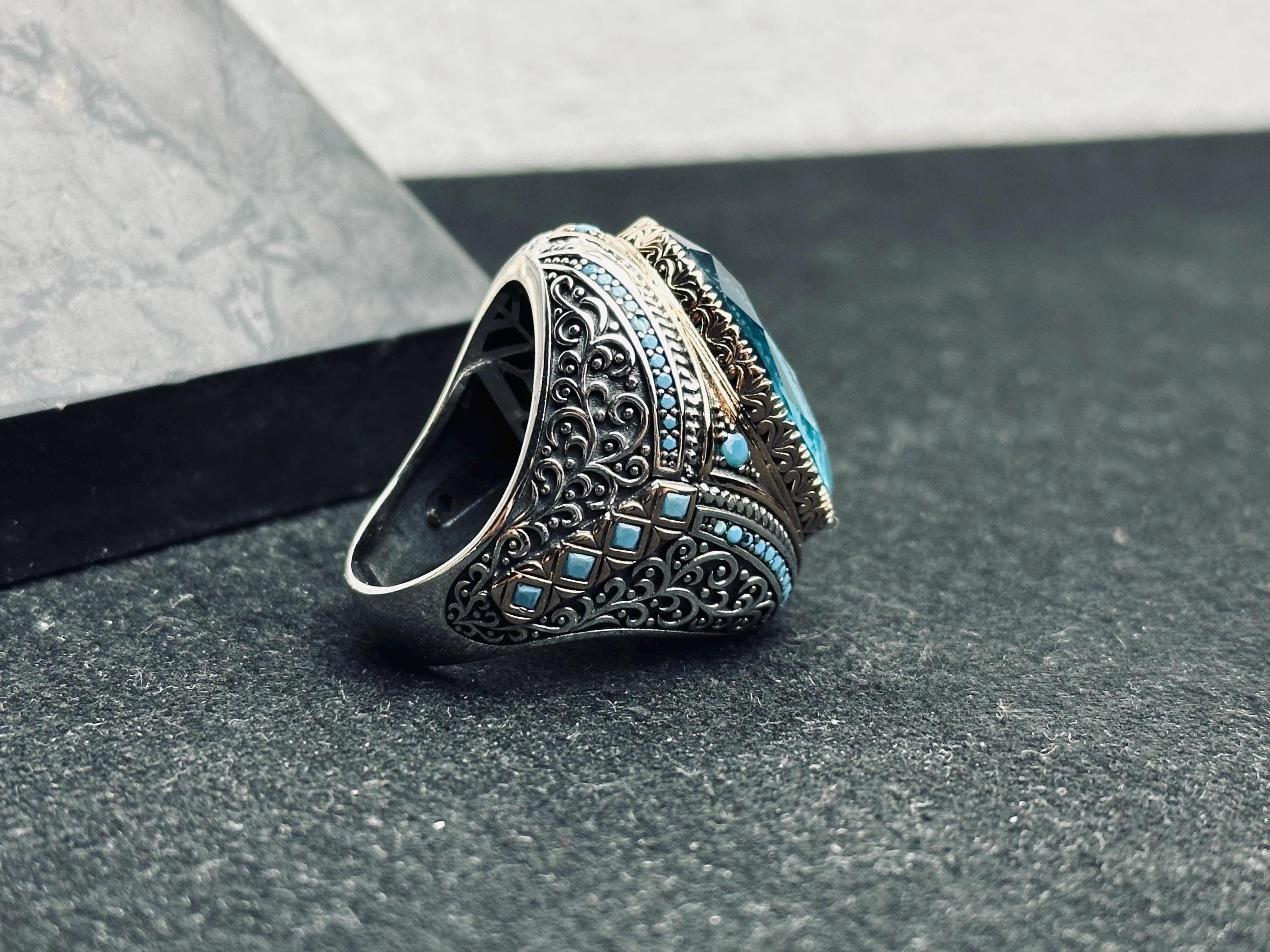 Aquamarine Silver Ring: Handmade Turkish Solomon Seal Design