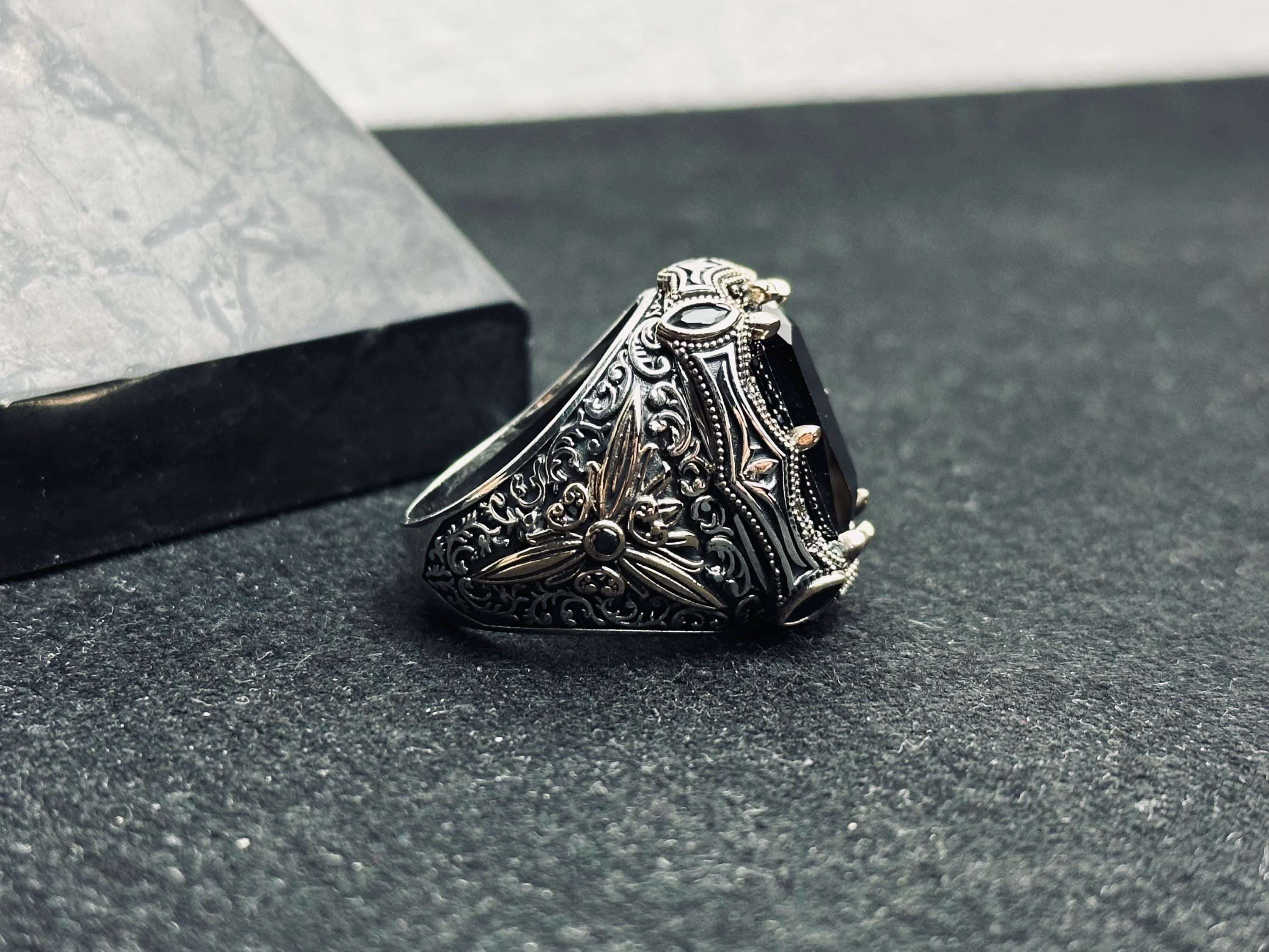 Black Zircon Men's Ring: Handmade Sterling Silver Ottoman Style