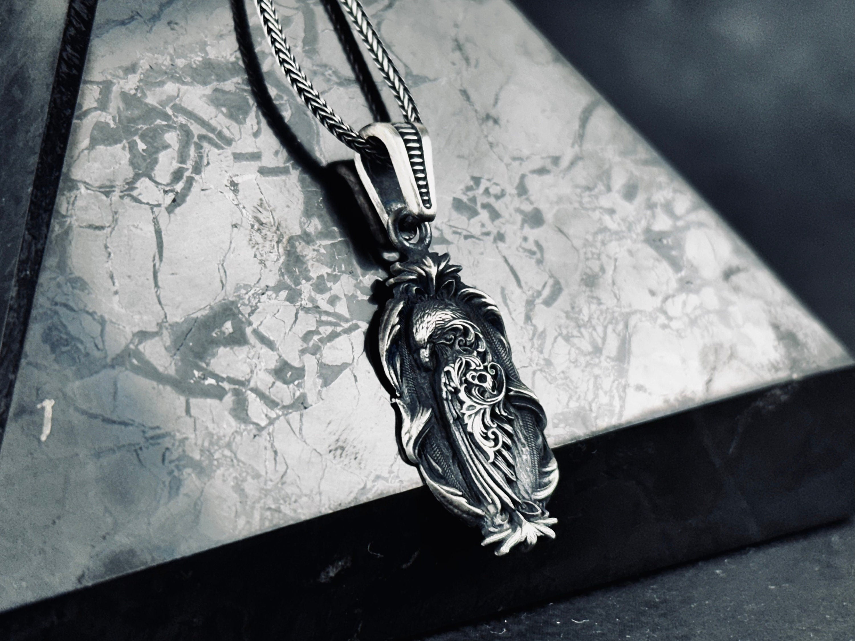 Nature Lover Silver Necklace, Eagle Embroidered Pendant (Adjustable Chain)