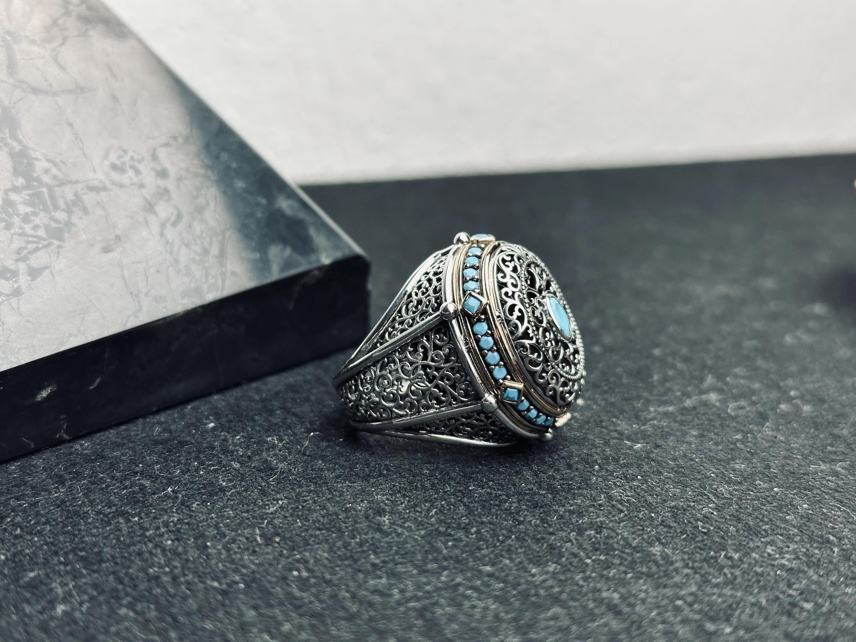 Turquoise Ring: Handmade Turkish Sterling Silver (Oval, Men's Size)