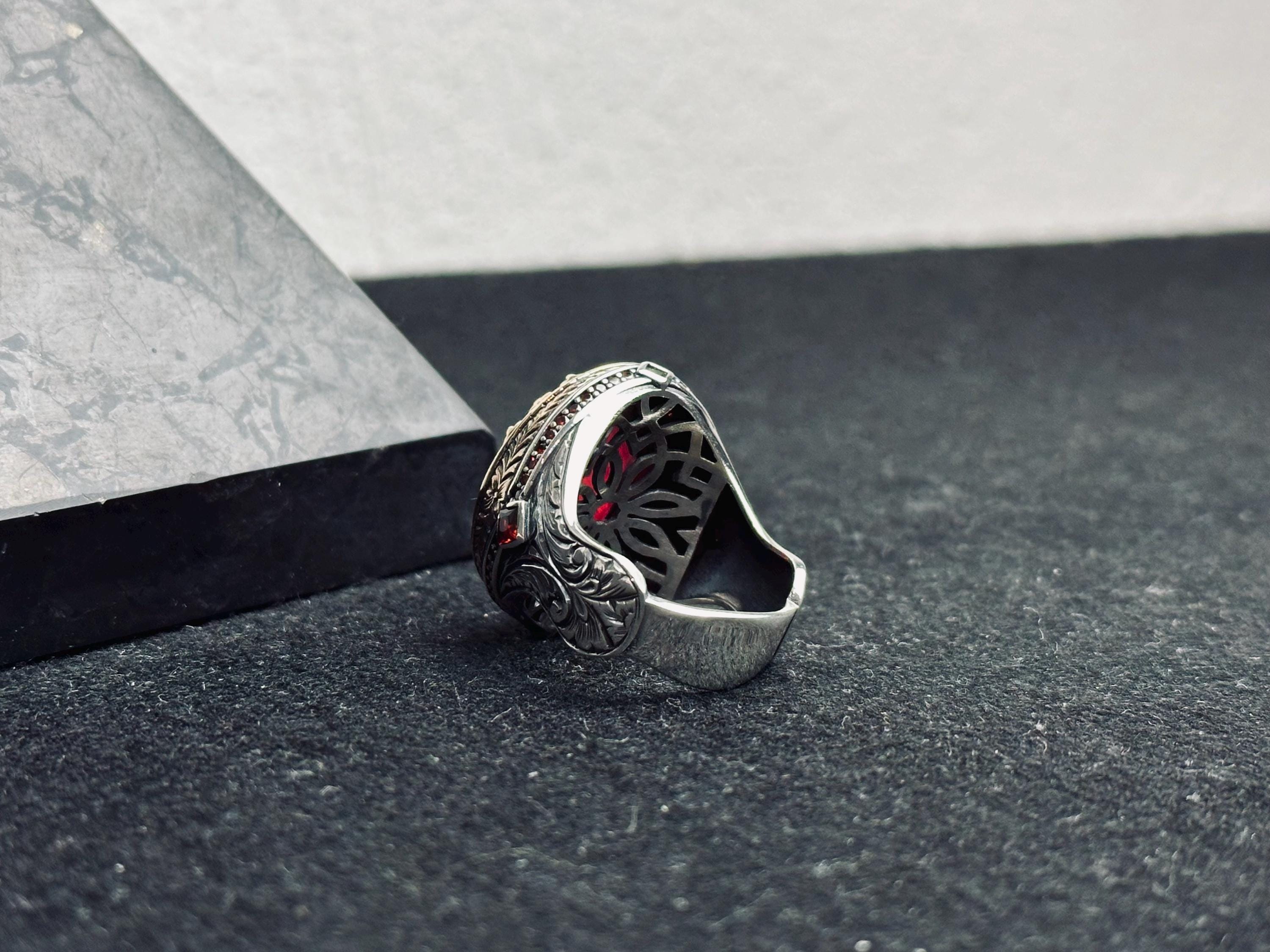 Men's Sterling Silver Ring, Oval Red Ruby (Handmade Statement)