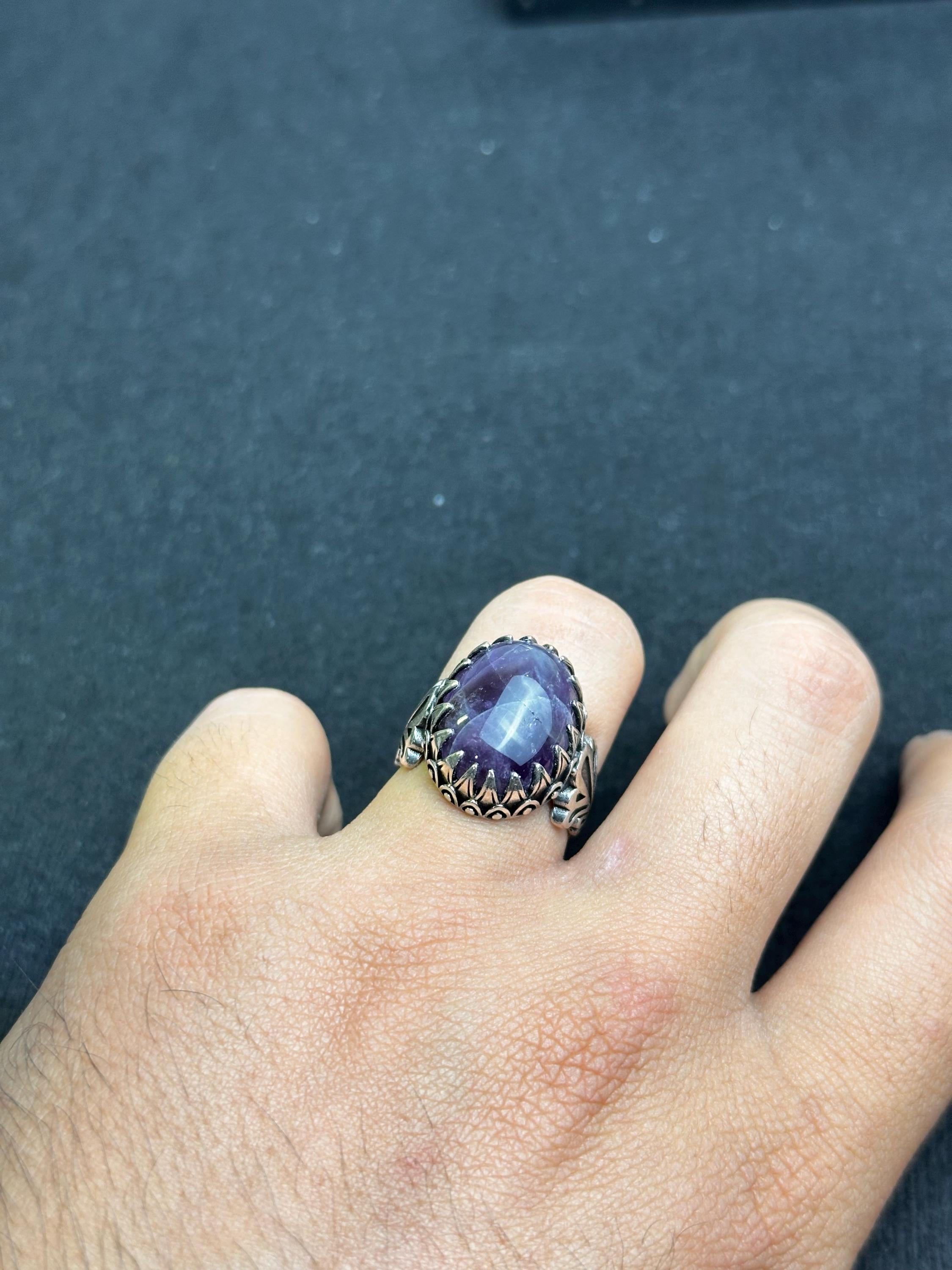 Hammered Amethyst Ring: Sterling Silver, Handmade for Men