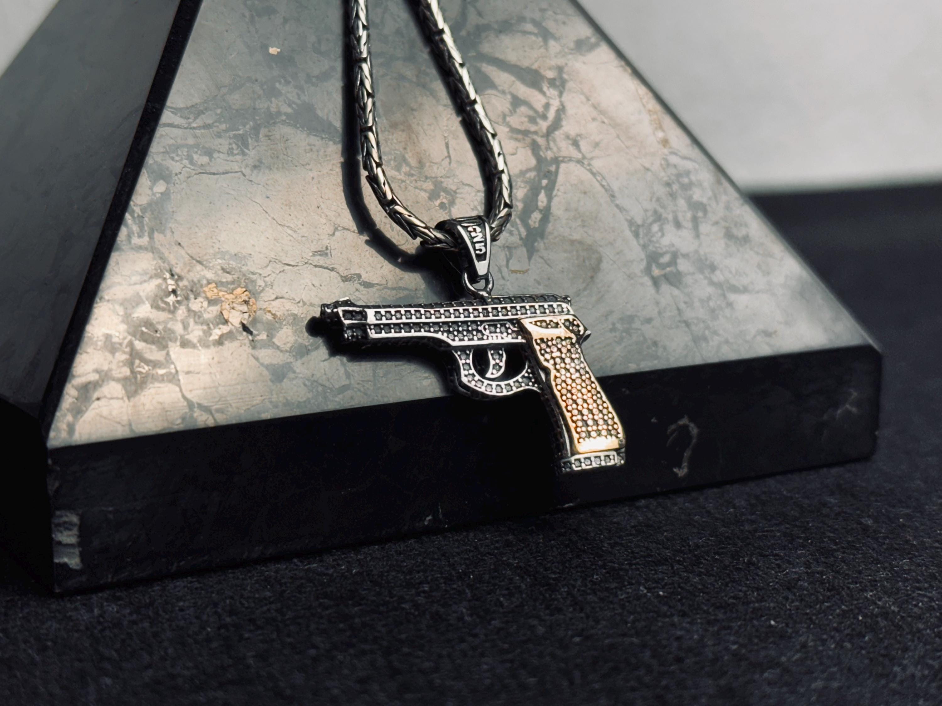 Gun Necklace: Men's Silver Pendant Jewelry (Chain Length Options)