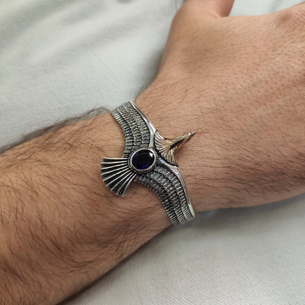 Sterling Silver Eagle Bracelet: Sapphire Stone, Handmade Men's Jewelry