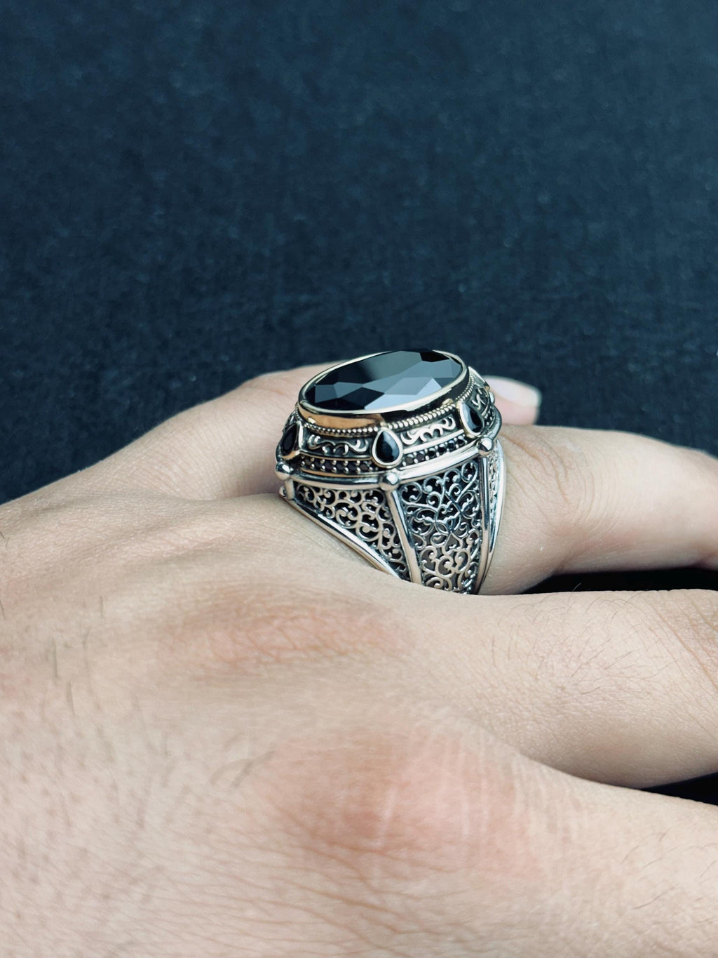Turkish Sterling Silver Ring, Black CZ Stone, Bold Design (Men’s Size)