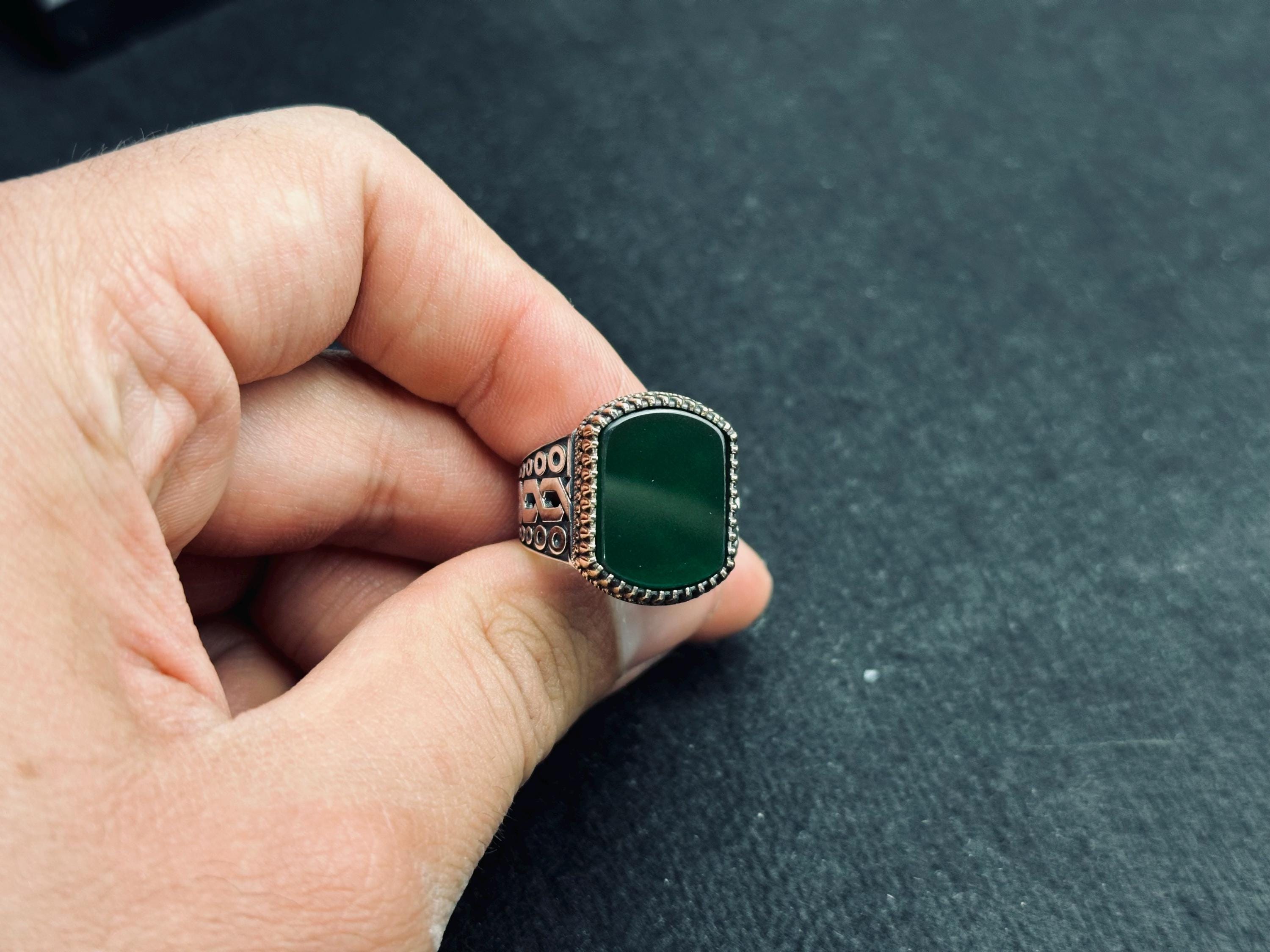 Turkish Sterling Silver Men's Ring, Emerald Agate Square (Vintage Style)