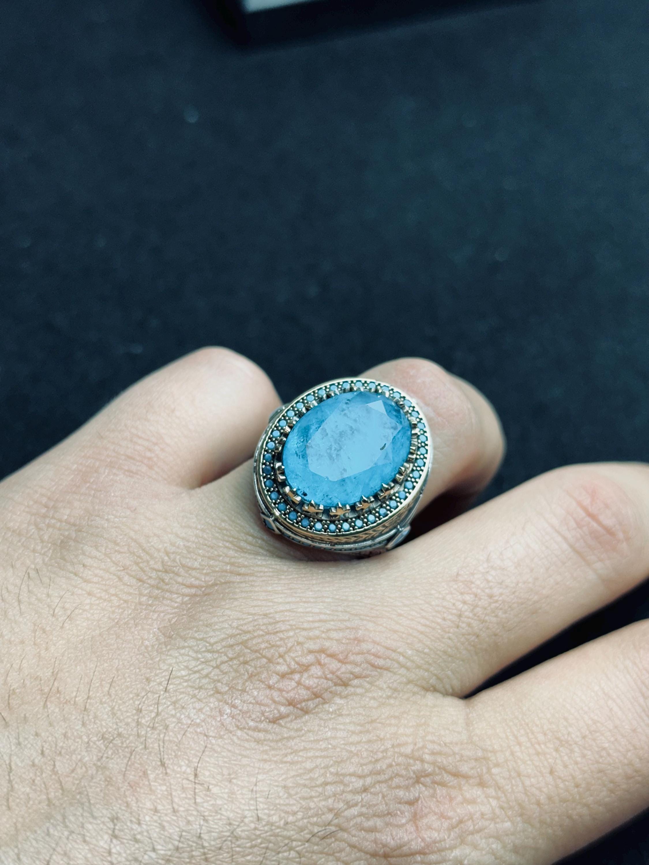 Men's Sterling Silver Signet Ring, Oval Aquamarine & Blue Paraiba (Handmade)