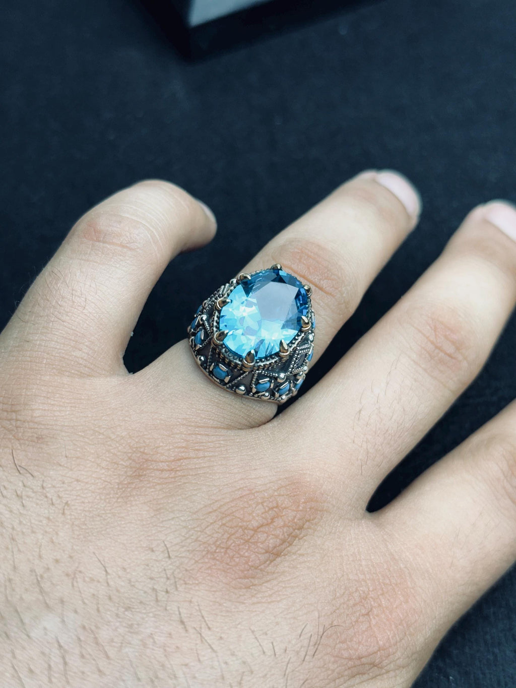 Men's Aquamarine Ring: Handmade Turkish Silver - March Birthstone