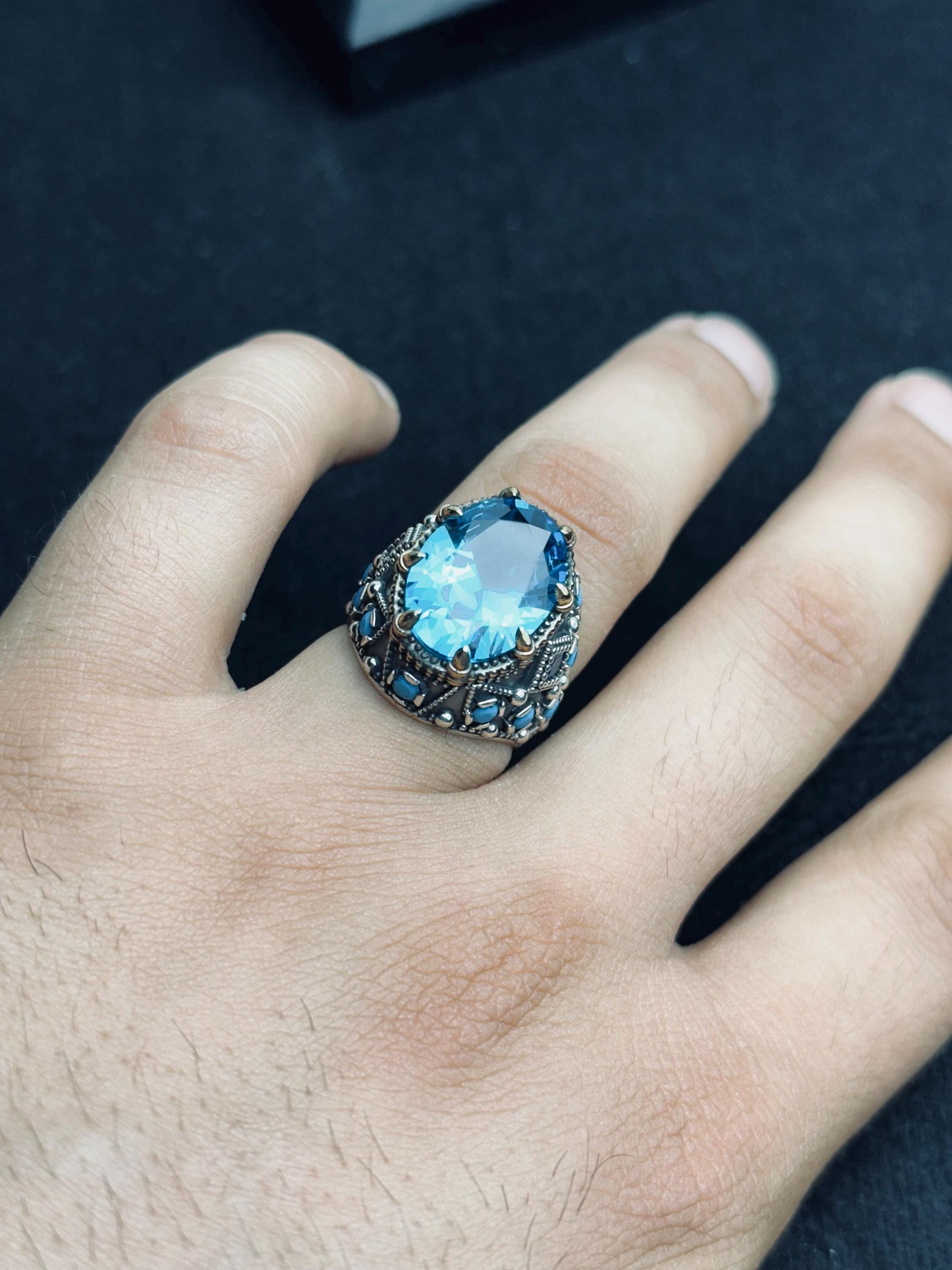 Men's Aquamarine Ring: Handmade Turkish Silver - March Birthstone