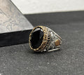 Men's Black Zircon Ring, Sterling Silver Oval (Handmade, Engraved)