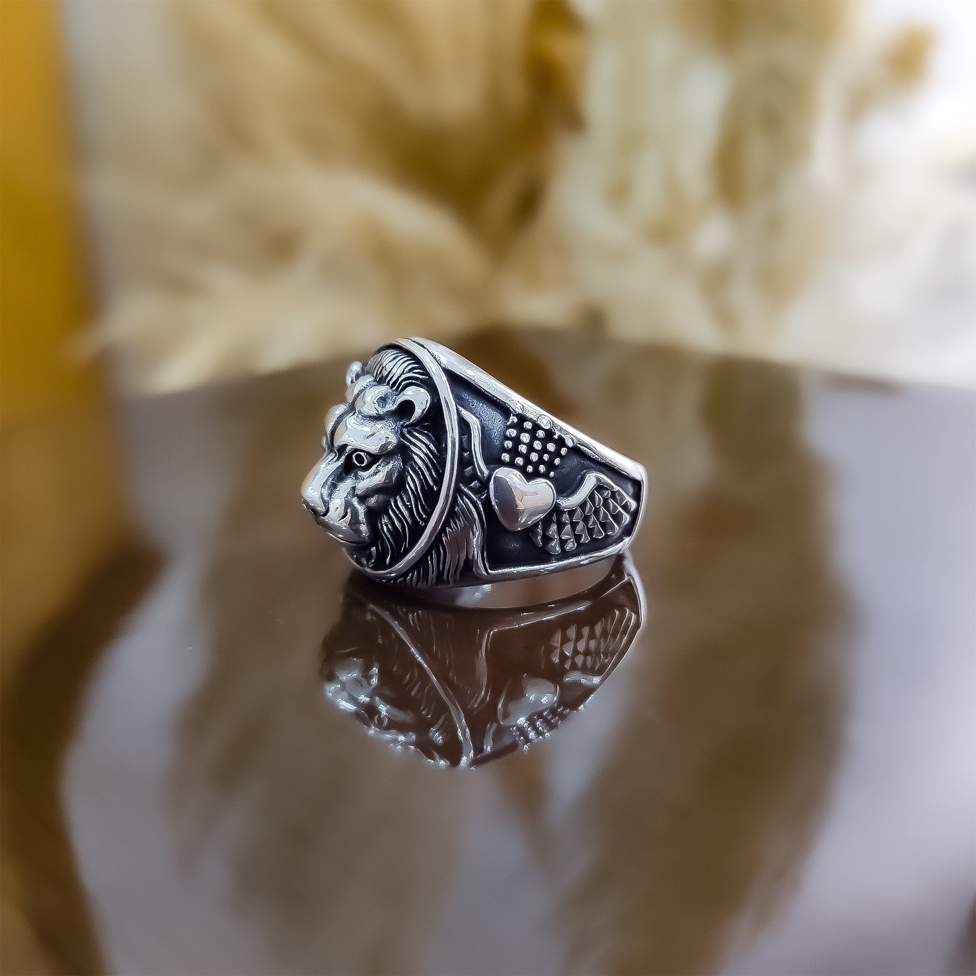 Lion Head Sterling Silver Ring, Green Agate Mystic (Men's Size 7)