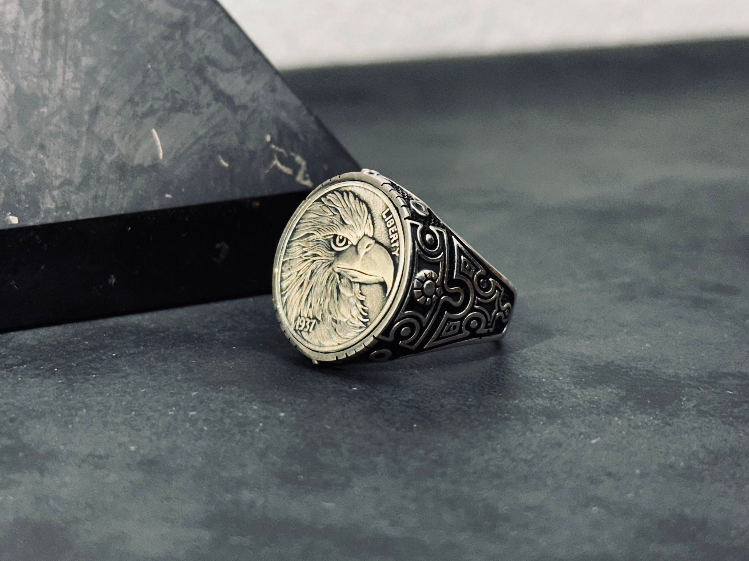 Engraved Eagle Ring: Tribal Sterling Silver (Handmade for Men)