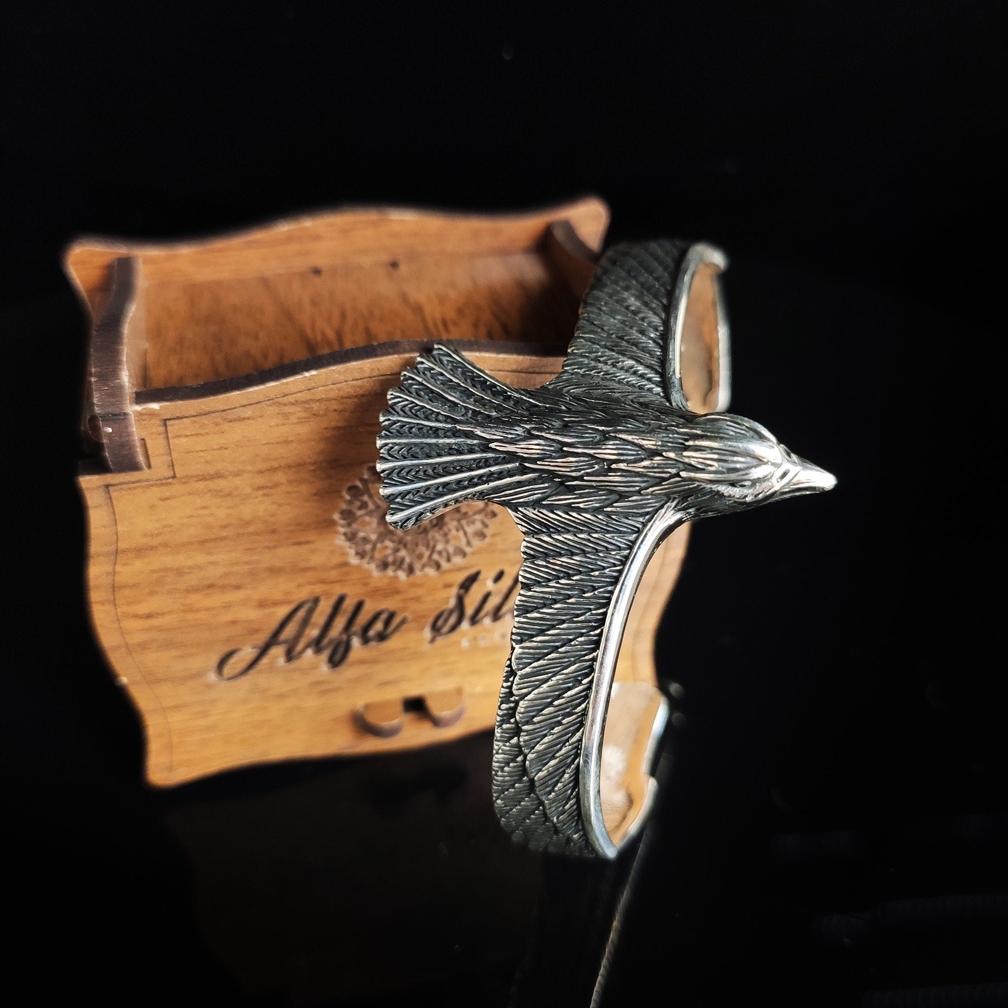 Falcon Sterling Silver Bracelet, Eagle Engraved with Sapphire (Men's Cuff)
