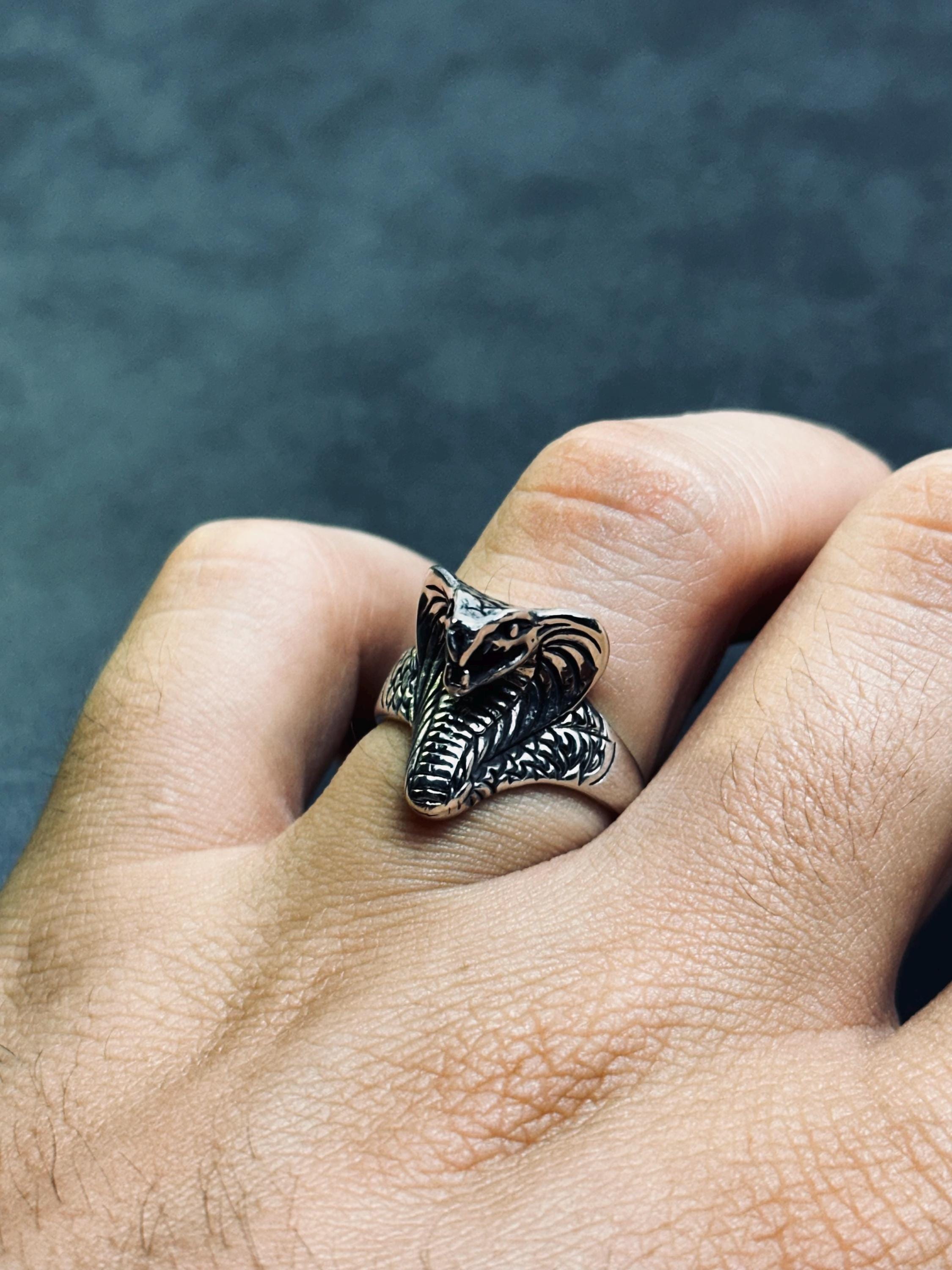 Sterling Silver King Cobra Ring, Snake Head Design (Adjustable)