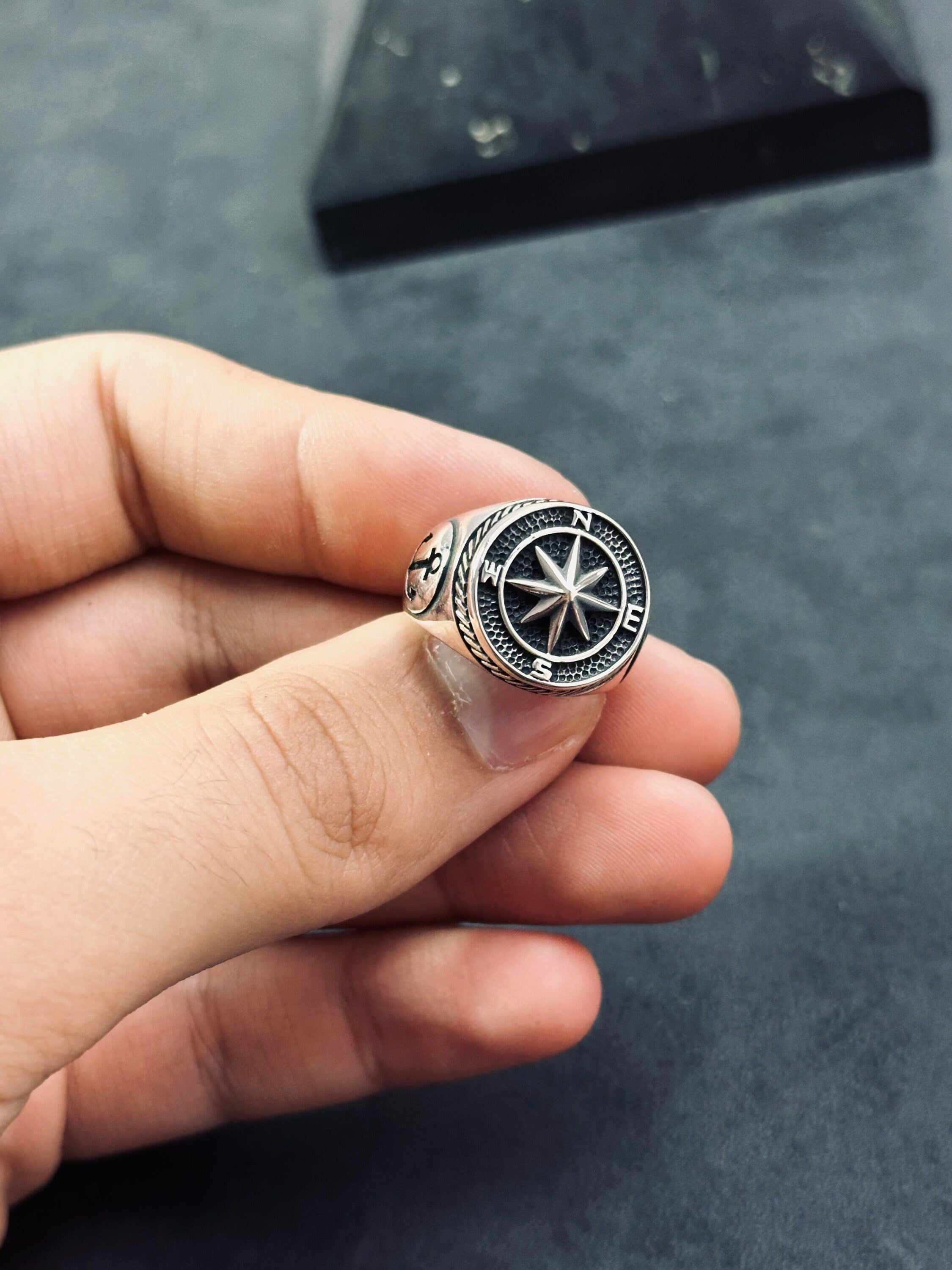 Sterling Silver Compass Ring: Handmade North Star Band
